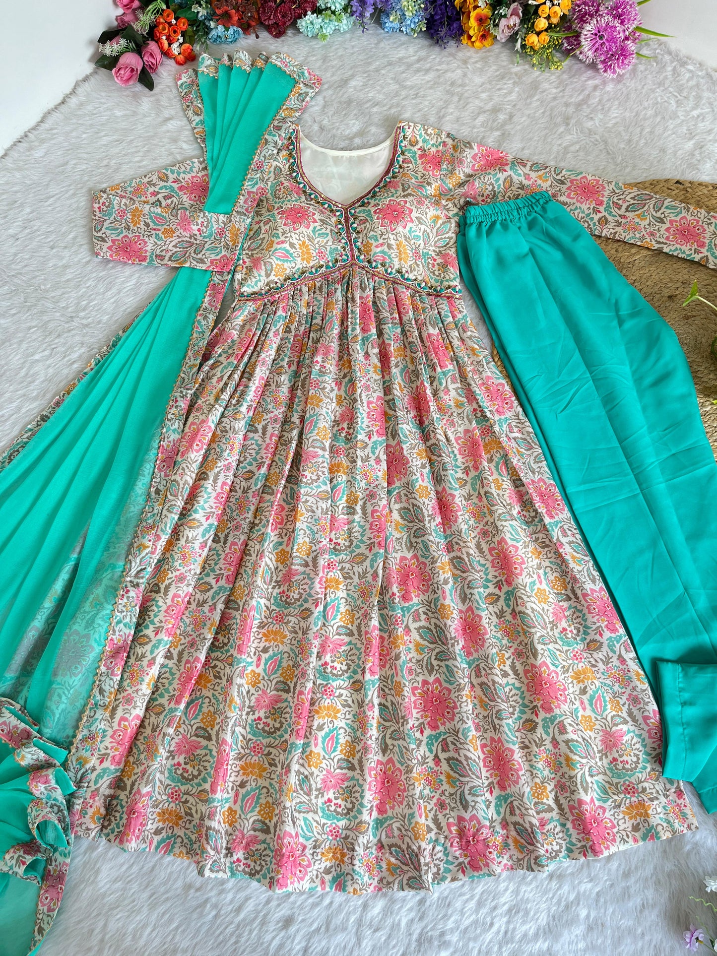 Lovely Soft Chinon Floral Printed Handworked  Festival Wear Anarkali Pant Suit - INDIAN ELEGANCE