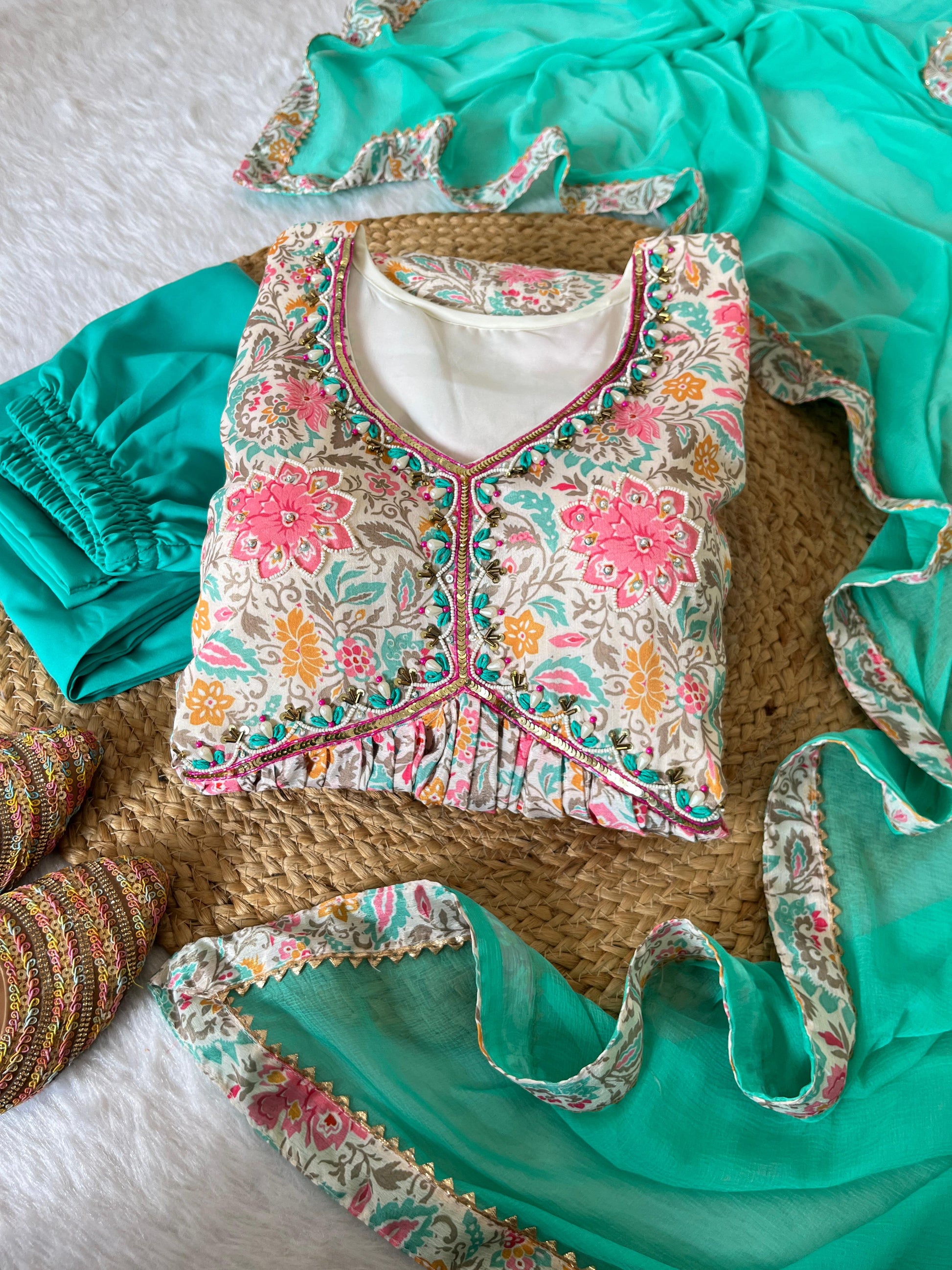 Lovely Soft Chinon Floral Printed Handworked  Festival Wear Anarkali Pant Suit - INDIAN ELEGANCE