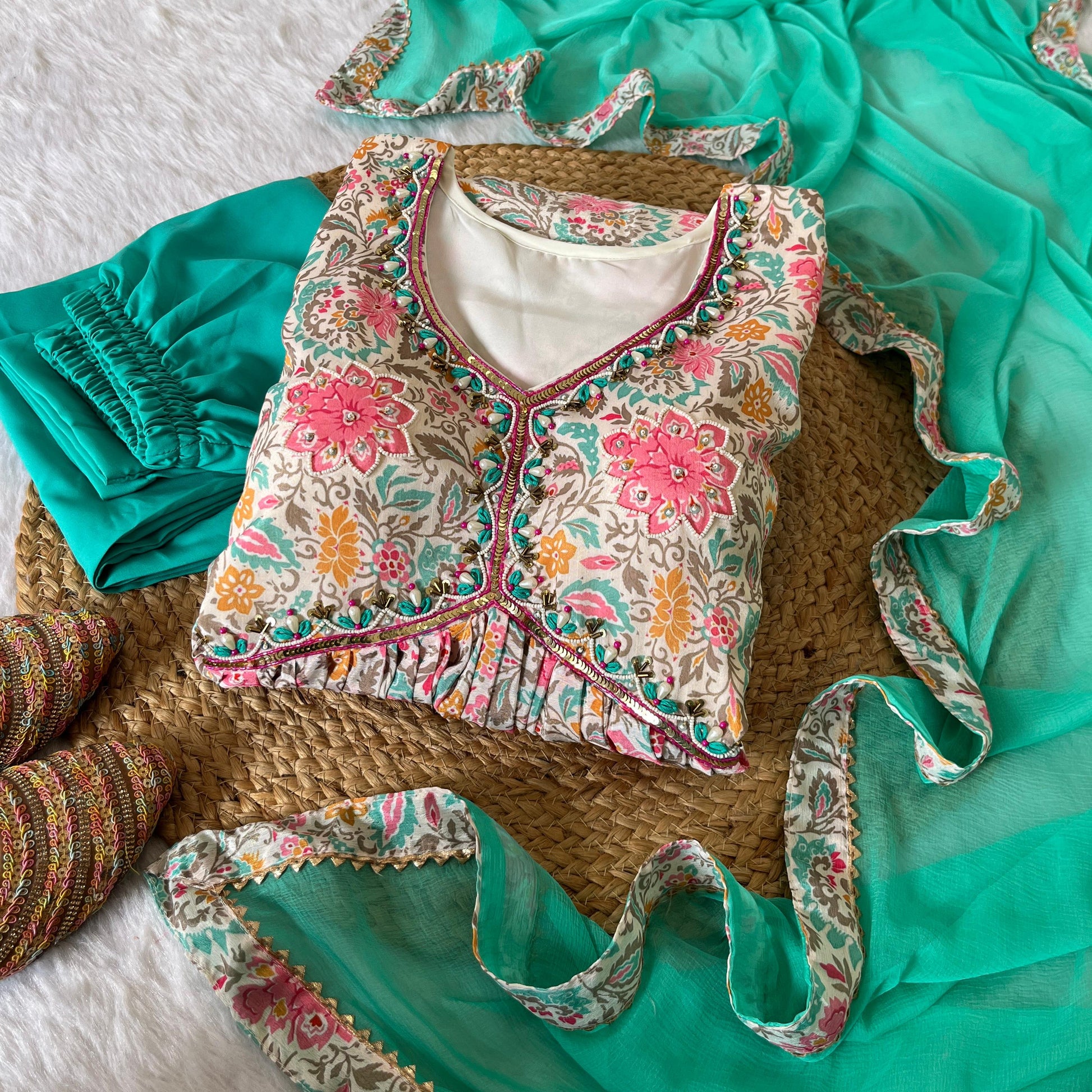 Lovely Soft Chinon Floral Printed Handworked  Festival Wear Anarkali Pant Suit - INDIAN ELEGANCE