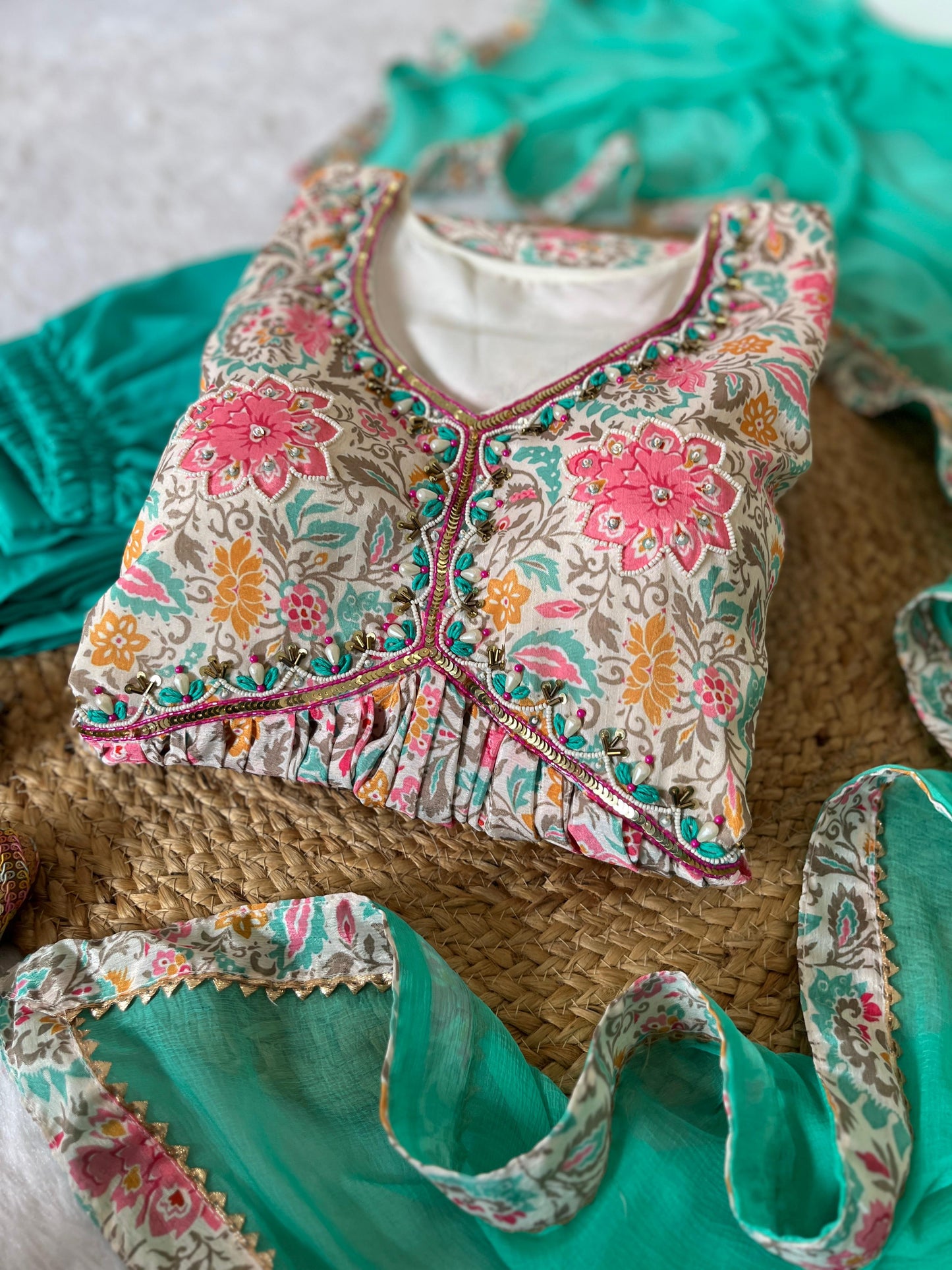 Lovely Soft Chinon Floral Printed Handworked  Festival Wear Anarkali Pant Suit - INDIAN ELEGANCE