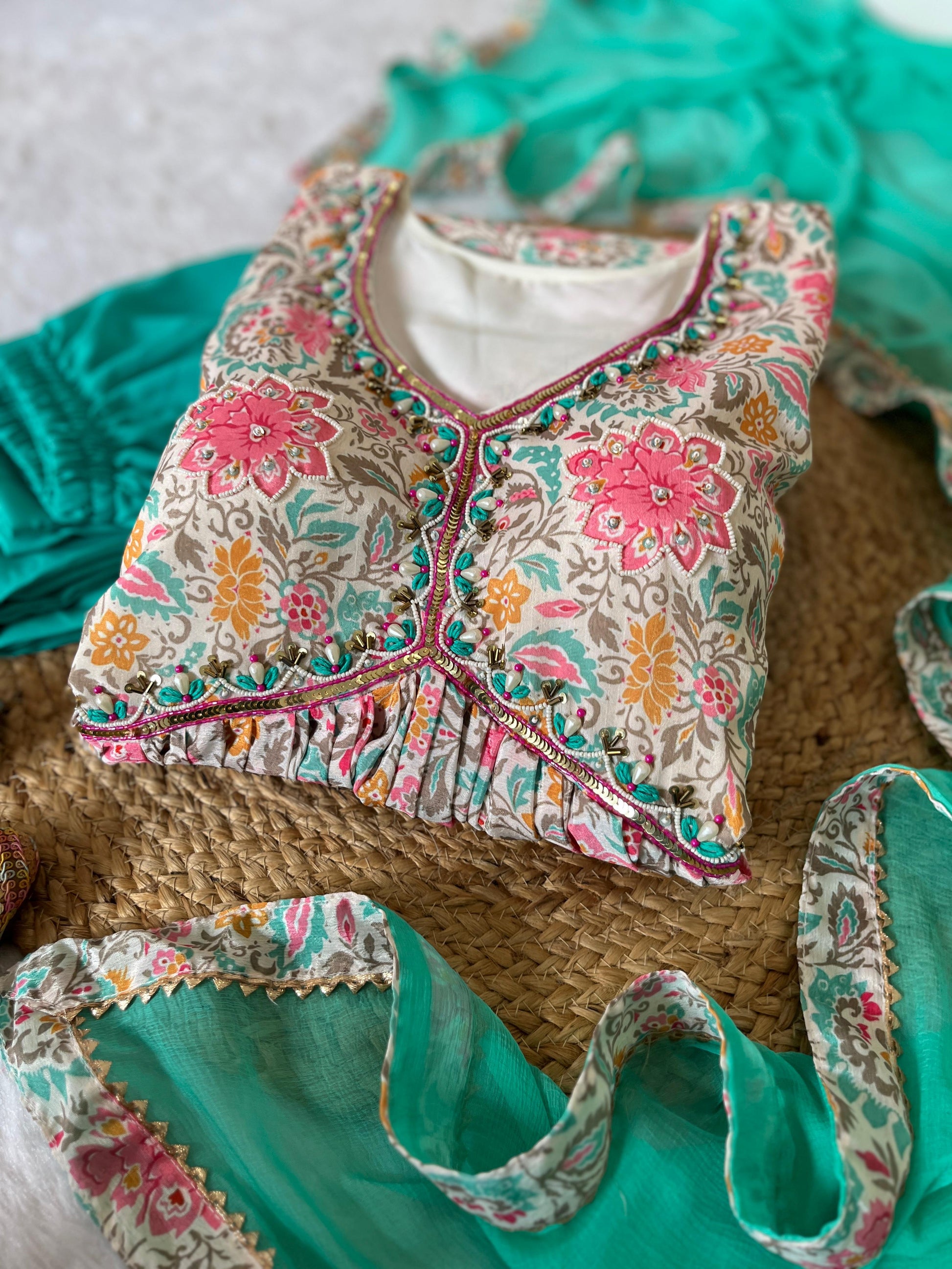 Lovely Soft Chinon Floral Printed Handworked  Festival Wear Anarkali Pant Suit - INDIAN ELEGANCE