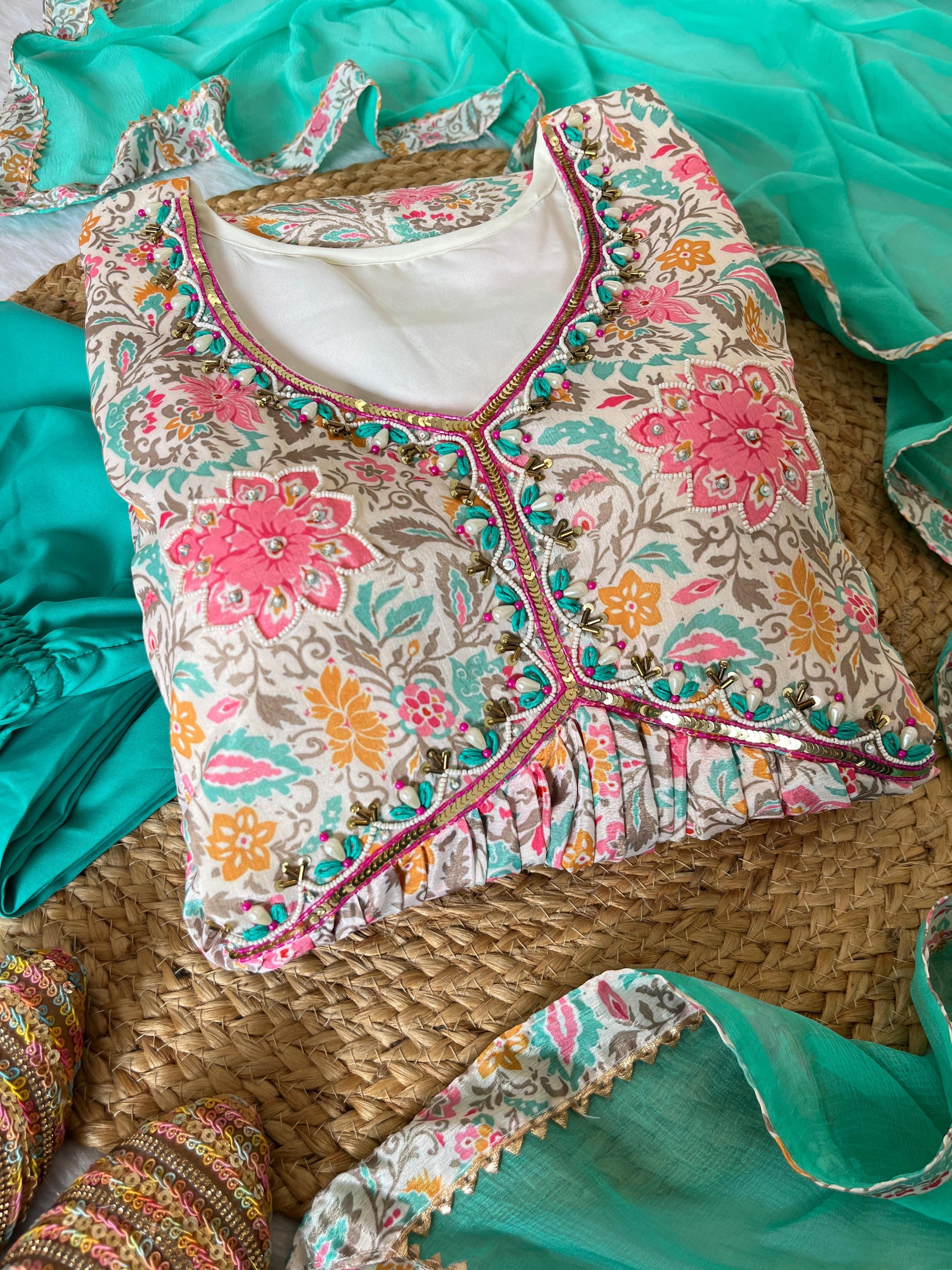 Lovely Soft Chinon Floral Printed Handworked  Festival Wear Anarkali Pant Suit - INDIAN ELEGANCE