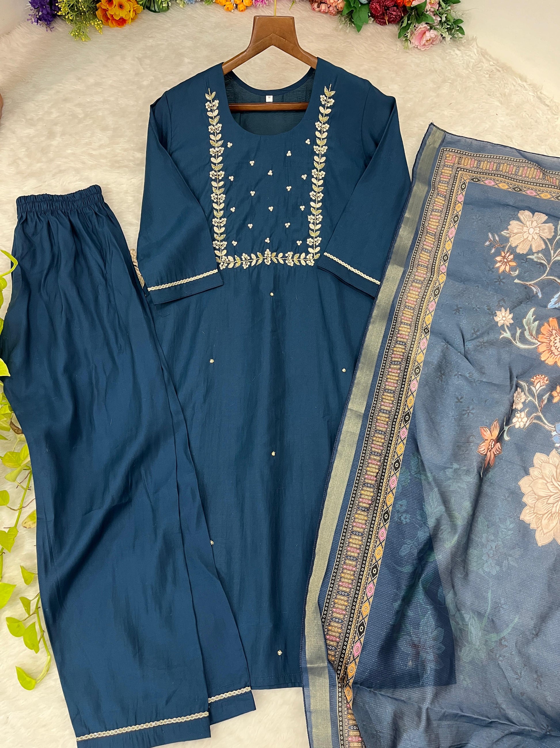 Graceful Roman Silk Handworked Anarkali Pant Suit With Dupatta - INDIAN ELEGANCE
