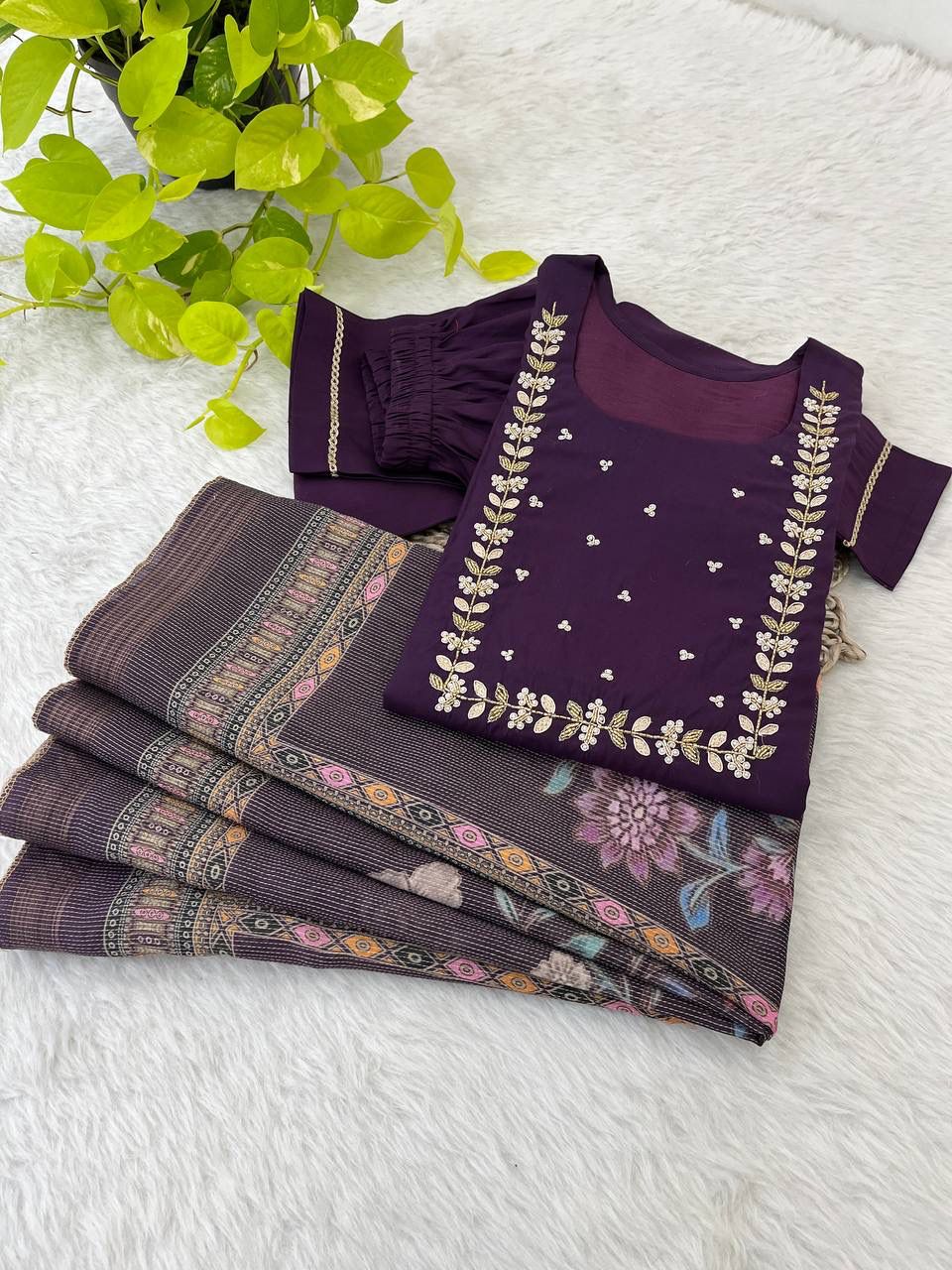 Graceful Roman Silk Handworked Anarkali Pant Suit With Dupatta - INDIAN ELEGANCE