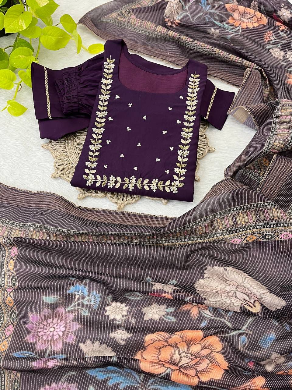 Graceful Roman Silk Handworked Anarkali Pant Suit With Dupatta - INDIAN ELEGANCE
