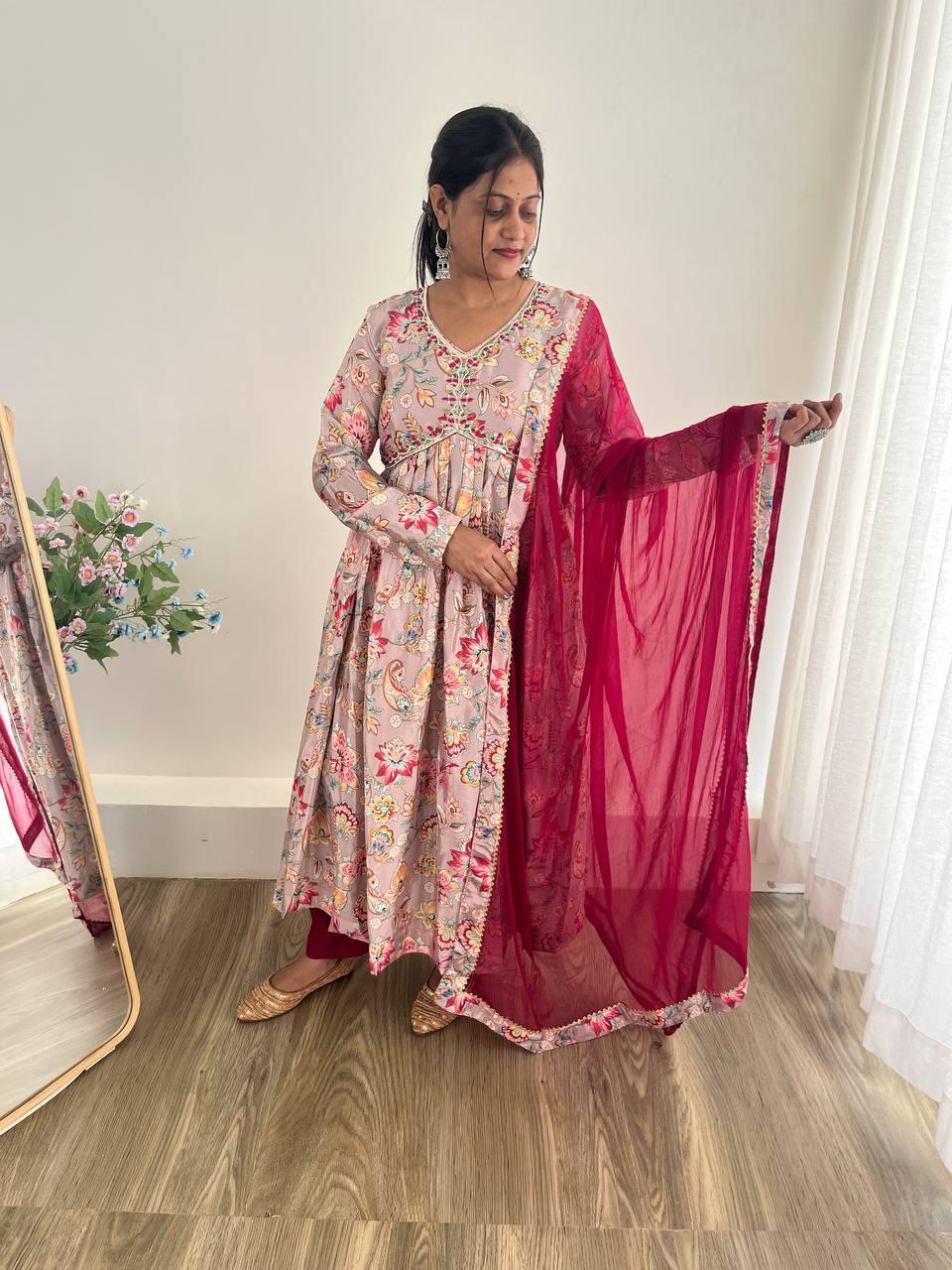 Alluring Soft Chinon Floral Printed Handworked Festival Wear Suit - INDIAN ELEGANCE