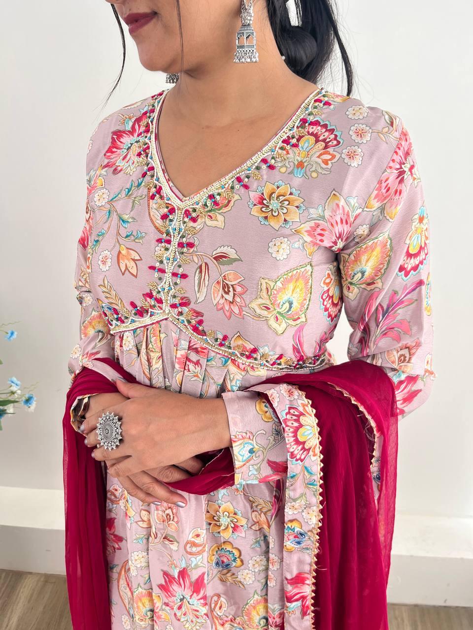 Alluring Soft Chinon Floral Printed Handworked Festival Wear Suit - INDIAN ELEGANCE