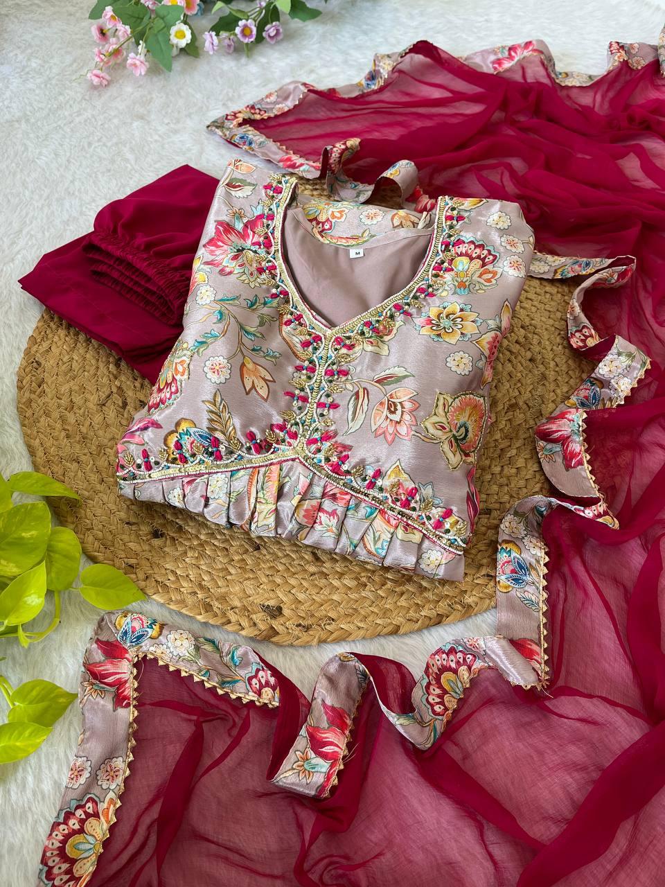 Alluring Soft Chinon Floral Printed Handworked Festival Wear Suit - INDIAN ELEGANCE