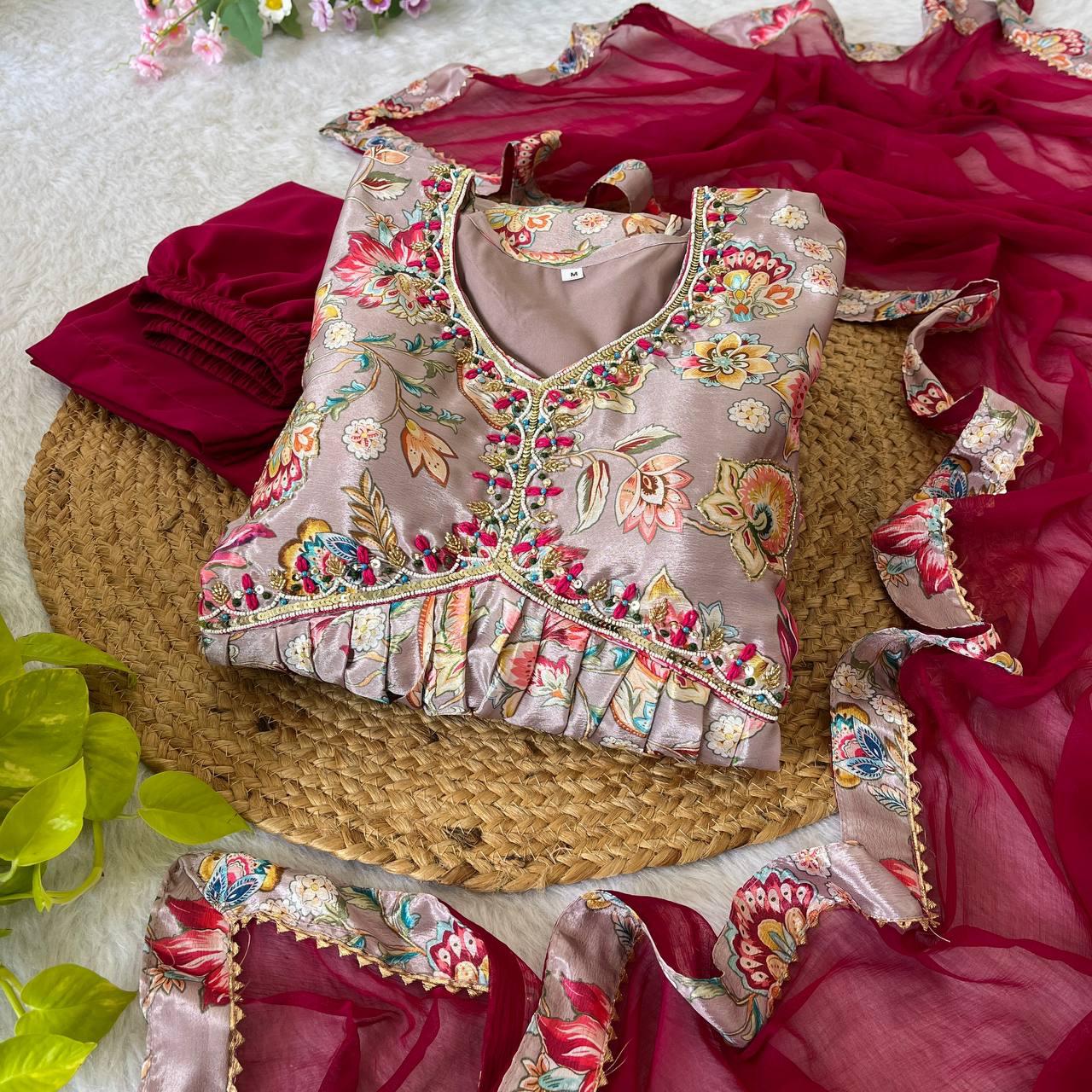 Alluring Soft Chinon Floral Printed Handworked Festival Wear Suit - INDIAN ELEGANCE