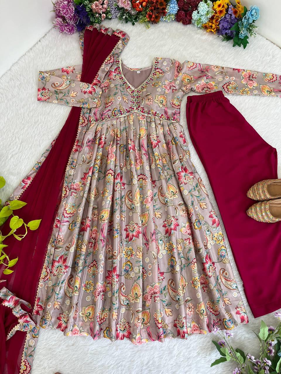 Alluring Soft Chinon Floral Printed Handworked Festival Wear Suit - INDIAN ELEGANCE