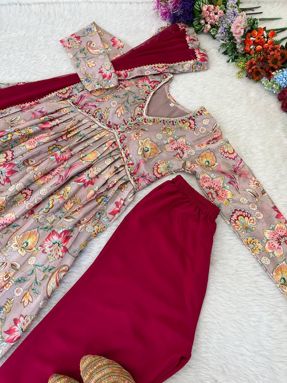 Alluring Soft Chinon Floral Printed Handworked Festival Wear Suit - INDIAN ELEGANCE