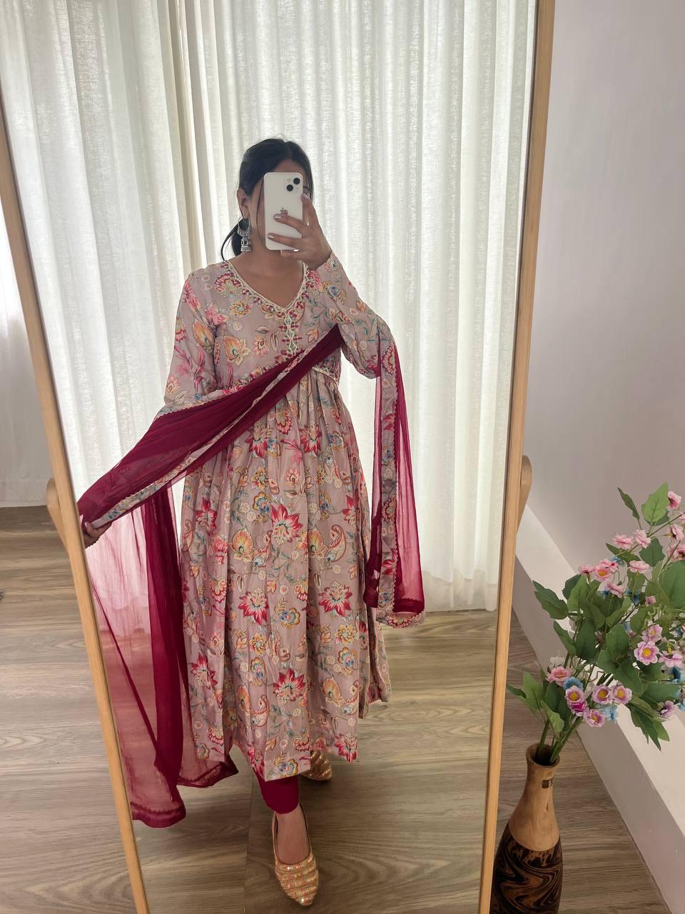 Alluring Soft Chinon Floral Printed Handworked Festival Wear Suit - INDIAN ELEGANCE