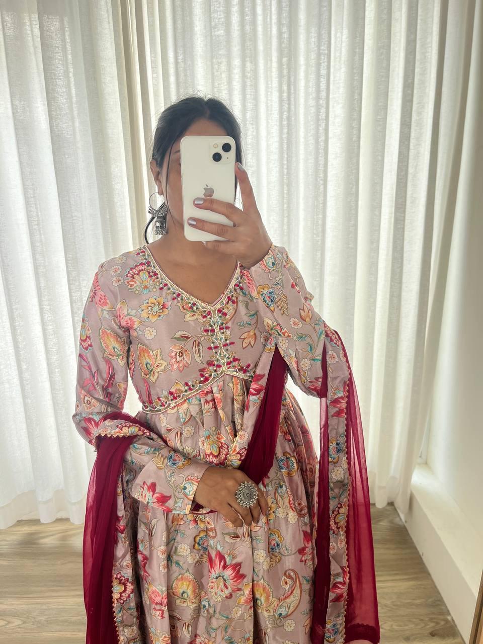 Alluring Soft Chinon Floral Printed Handworked Festival Wear Suit - INDIAN ELEGANCE