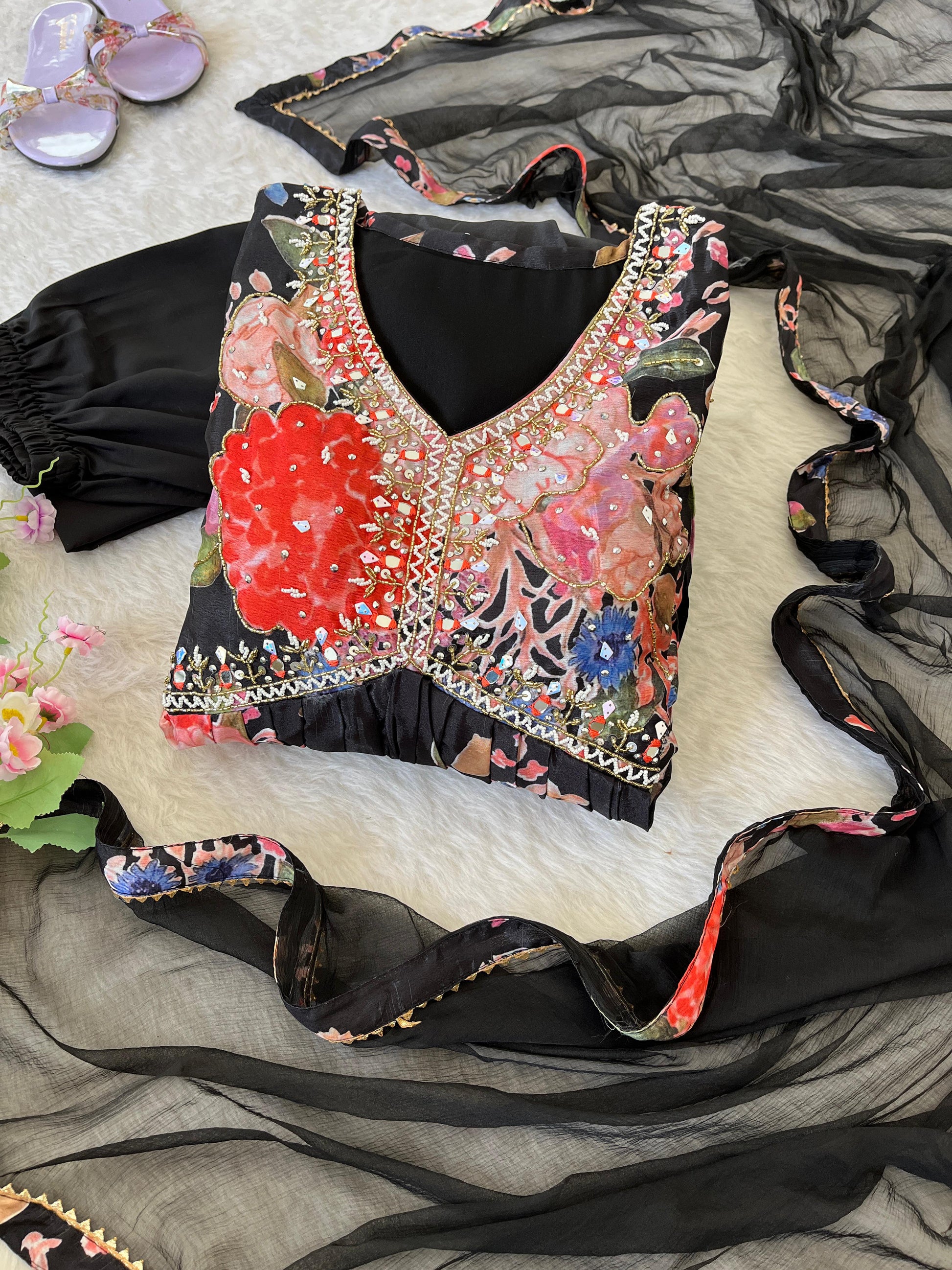 Stylish Black Soft Chinon Floral Printed Handworked Suit - INDIAN ELEGANCE