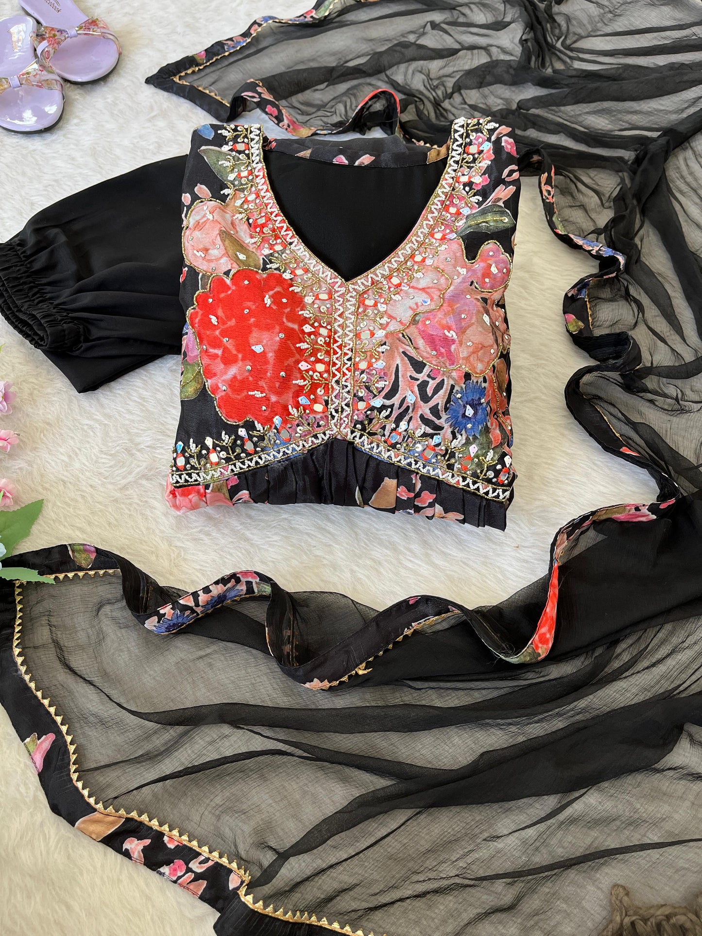 Stylish Black Soft Chinon Floral Printed Handworked Suit - INDIAN ELEGANCE