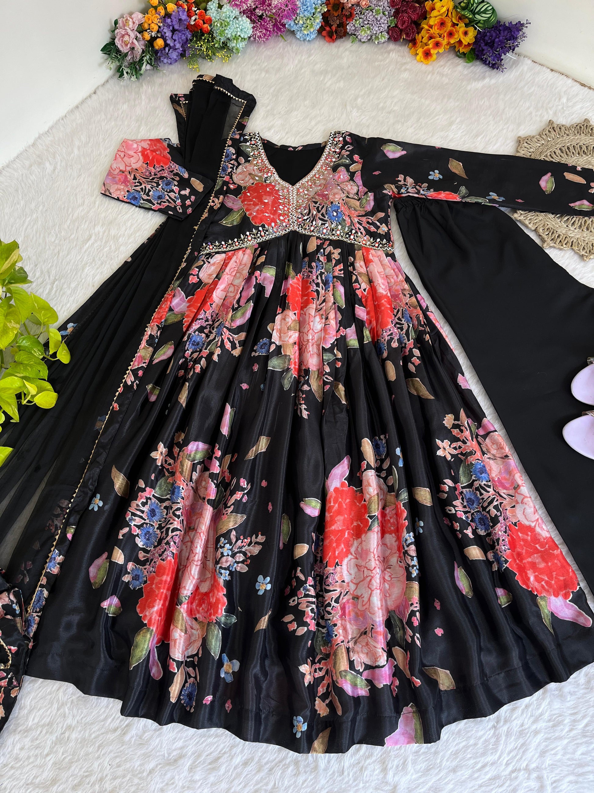 Stylish Black Soft Chinon Floral Printed Handworked Suit - INDIAN ELEGANCE