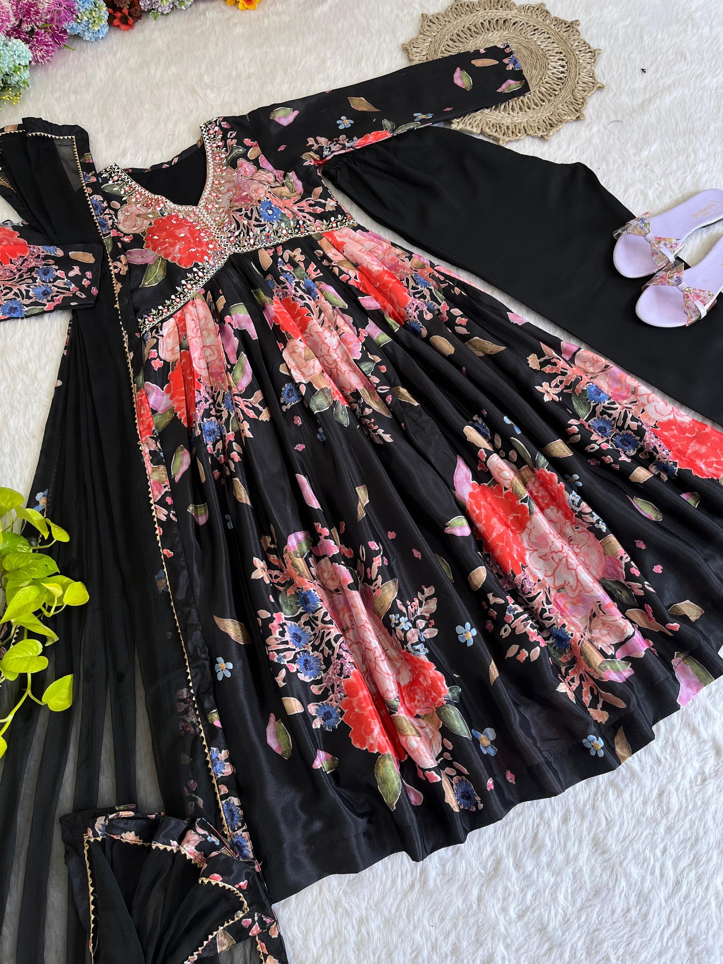 Stylish Black Soft Chinon Floral Printed Handworked Suit - INDIAN ELEGANCE