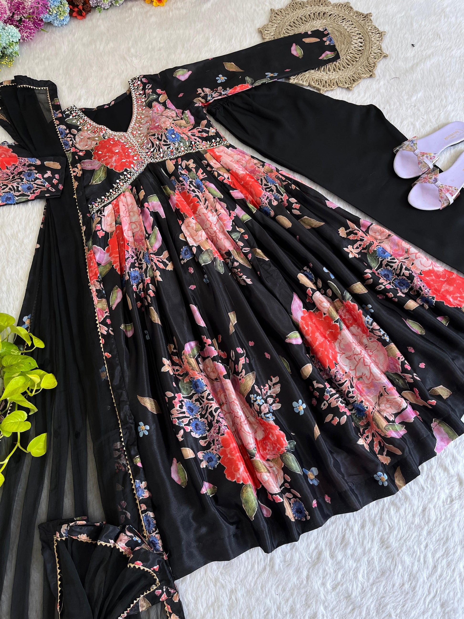 Stylish Black Soft Chinon Floral Printed Handworked Suit - INDIAN ELEGANCE