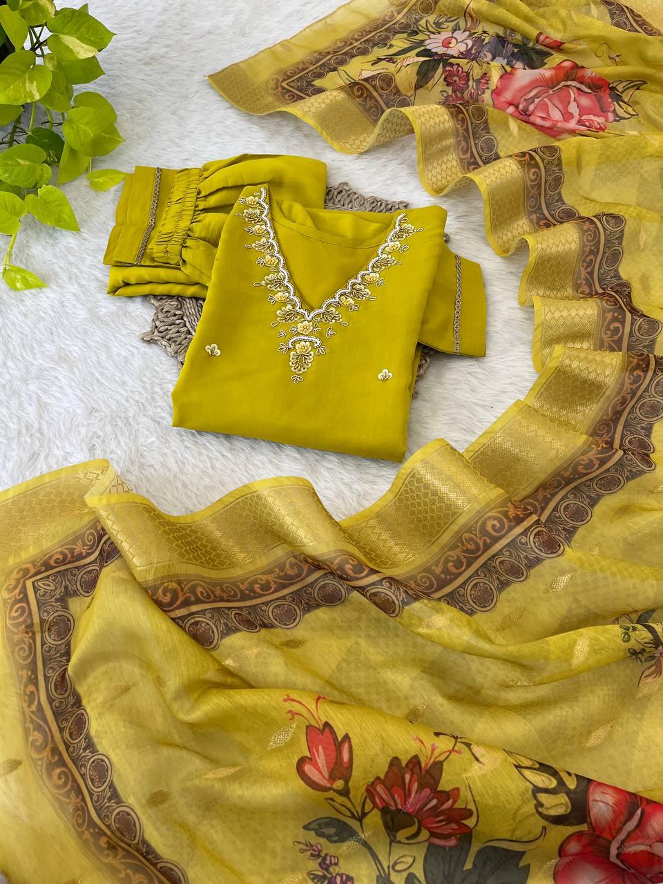 Magnificent Neon Chiffon Handcrafted Anarkali Pant Suit - INDIAN ELEGANCE