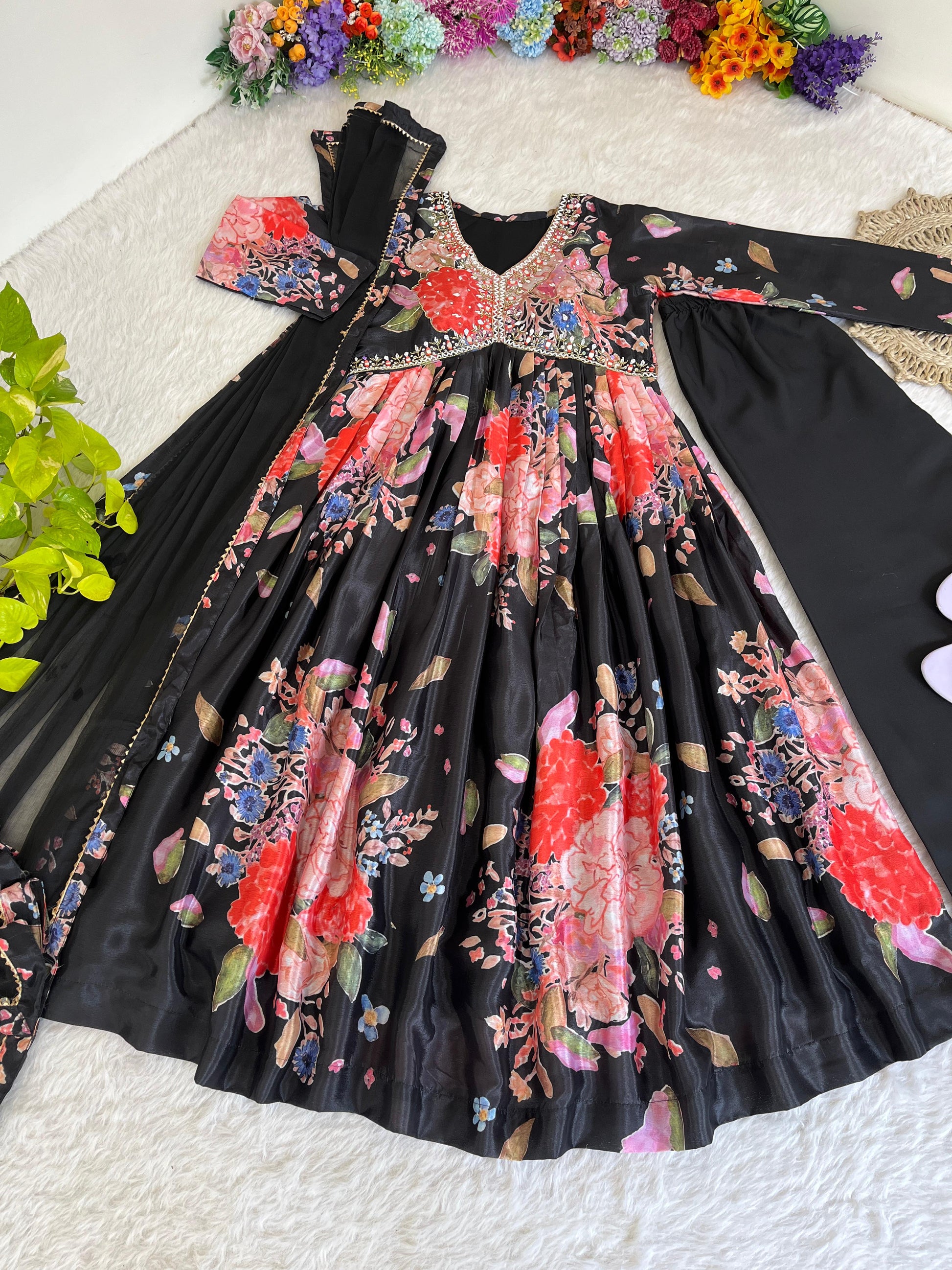 Stylish Black Soft Chinon Floral Printed Handworked Suit - INDIAN ELEGANCE