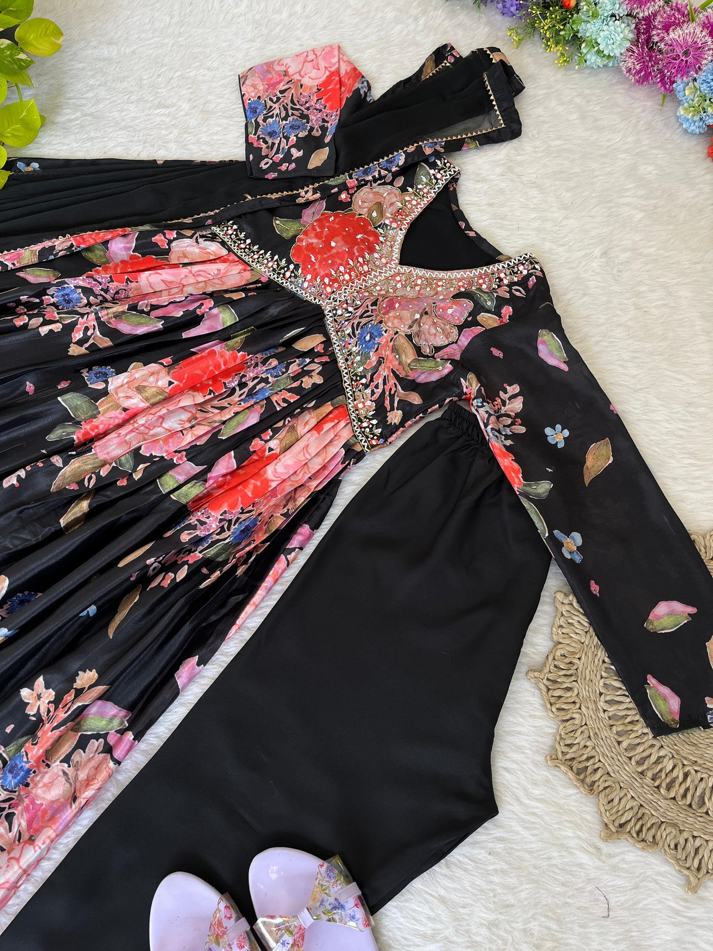 Stylish Black Soft Chinon Floral Printed Handworked Suit - INDIAN ELEGANCE