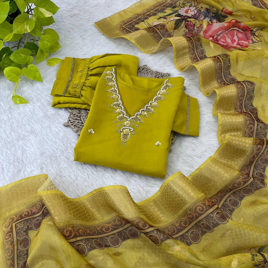 Divine Parrot Green Roman Silk Handcrafted Anarkali Pant Suit - INDIAN ELEGANCE