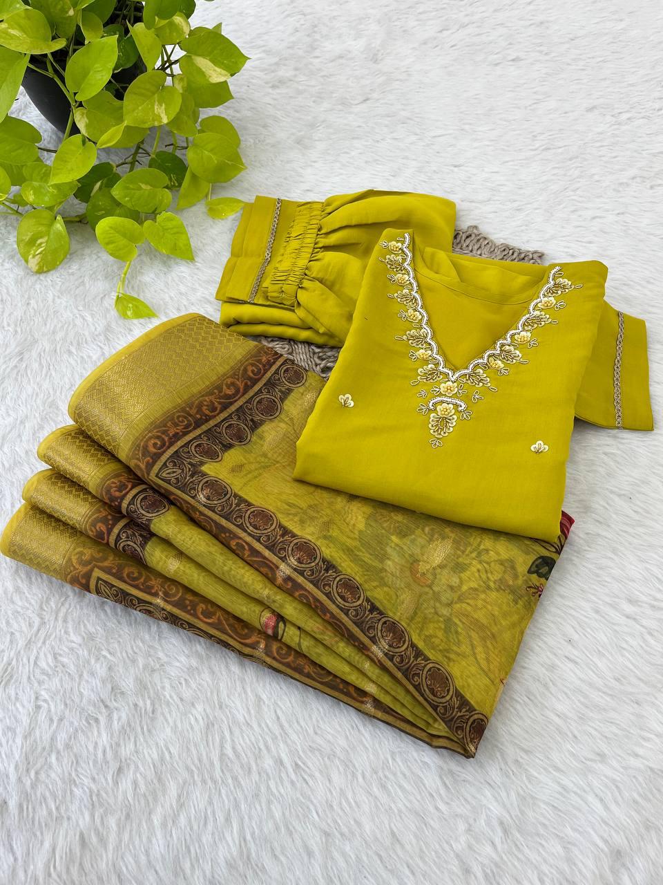 Divine Parrot Green Roman Silk Handcrafted Anarkali Pant Suit - INDIAN ELEGANCE