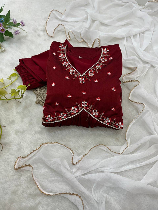 Luminous Vichitra Silk Maroon Handworked Anarkali Pant Suit - INDIAN ELEGANCE