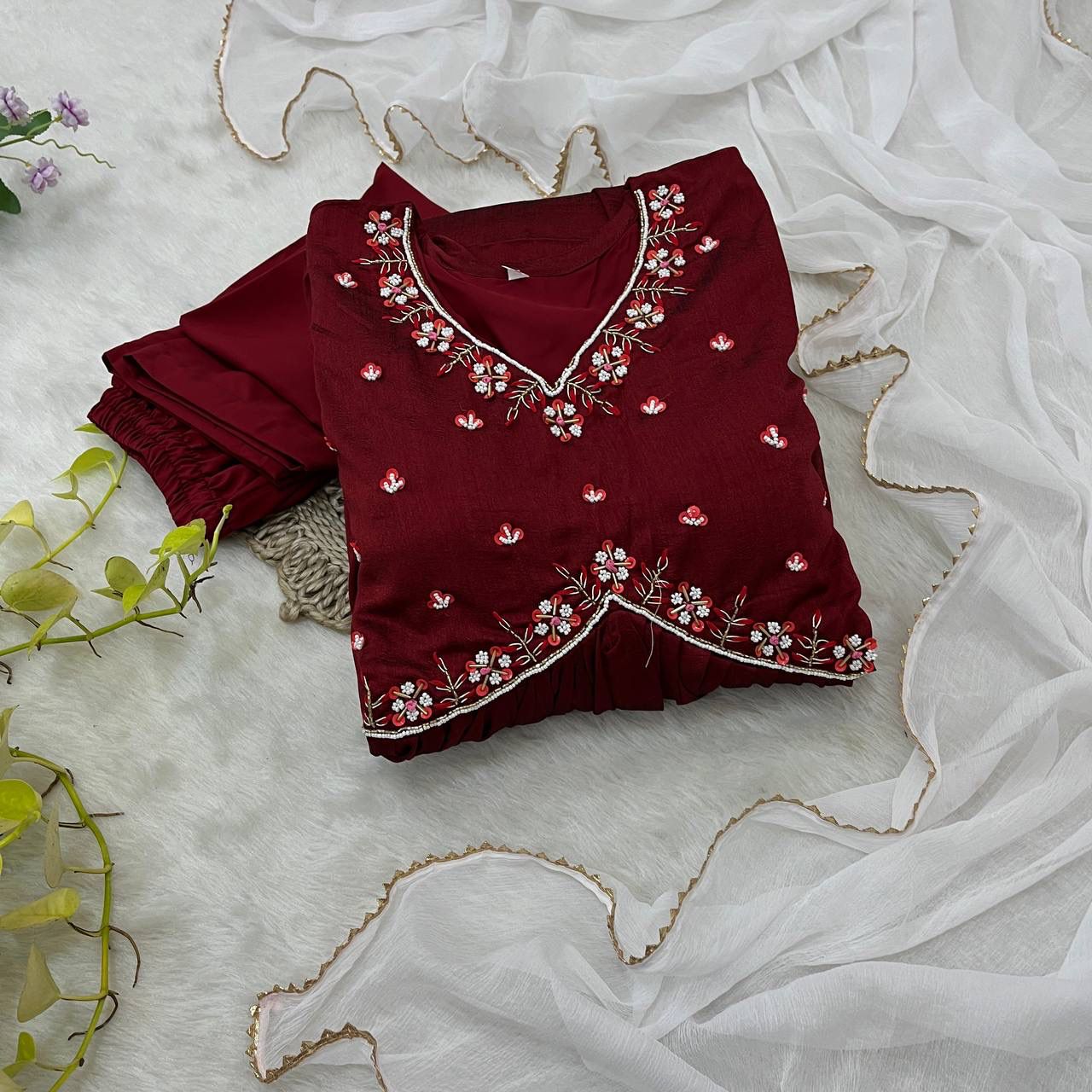 Luminous Vichitra Silk Maroon Handworked Anarkali Pant Suit - INDIAN ELEGANCE