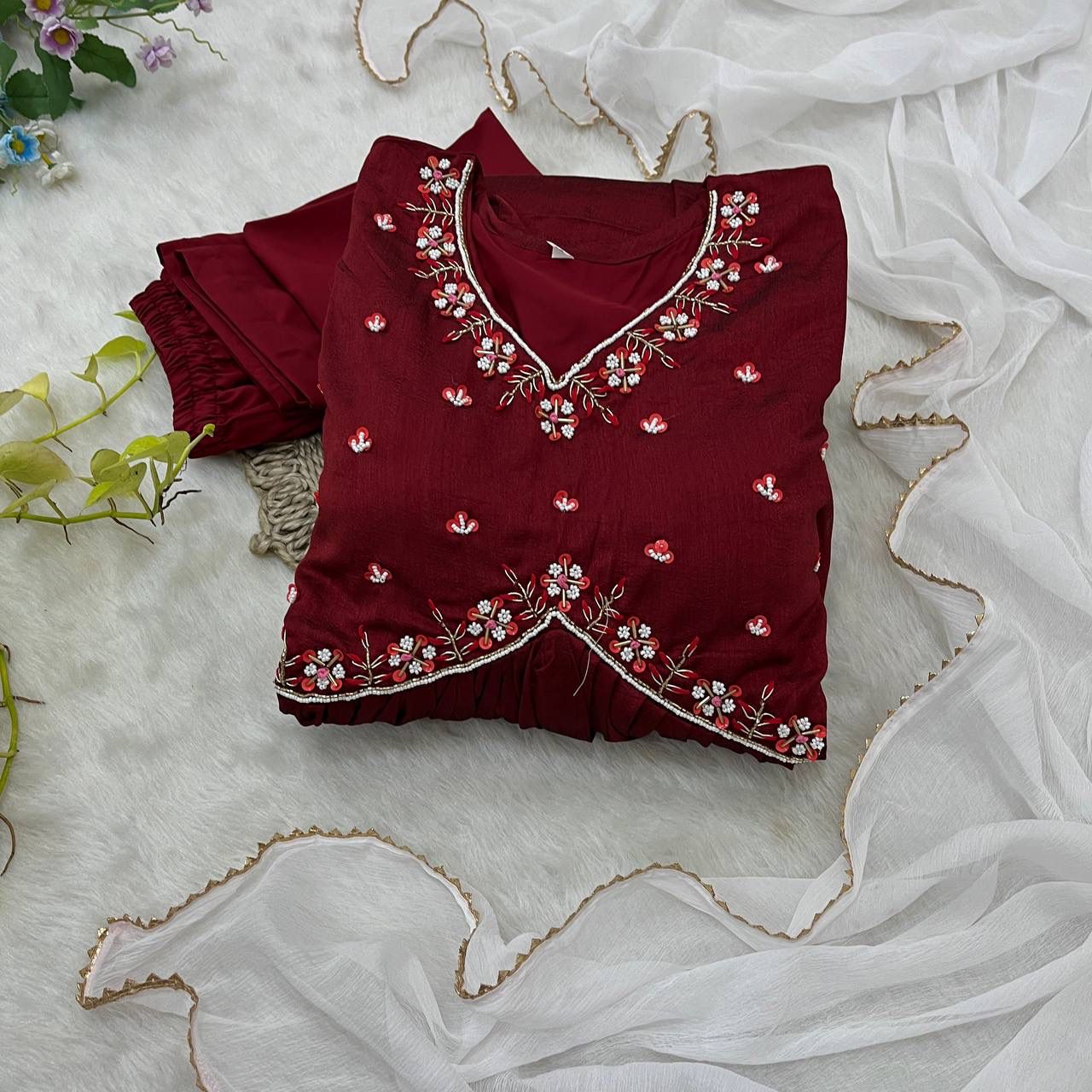 Luminous Vichitra Silk Maroon Handworked Anarkali Pant Suit - INDIAN ELEGANCE