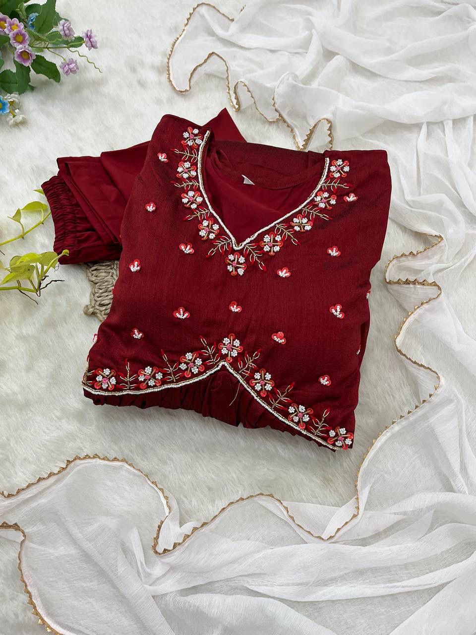 Luminous Vichitra Silk Maroon Handworked Anarkali Pant Suit - INDIAN ELEGANCE
