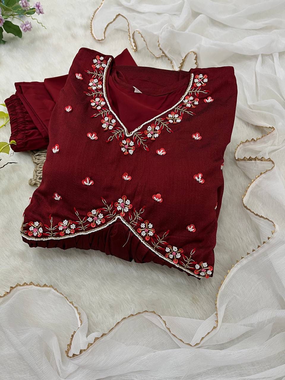 Luminous Vichitra Silk Maroon Handworked Anarkali Pant Suit - INDIAN ELEGANCE