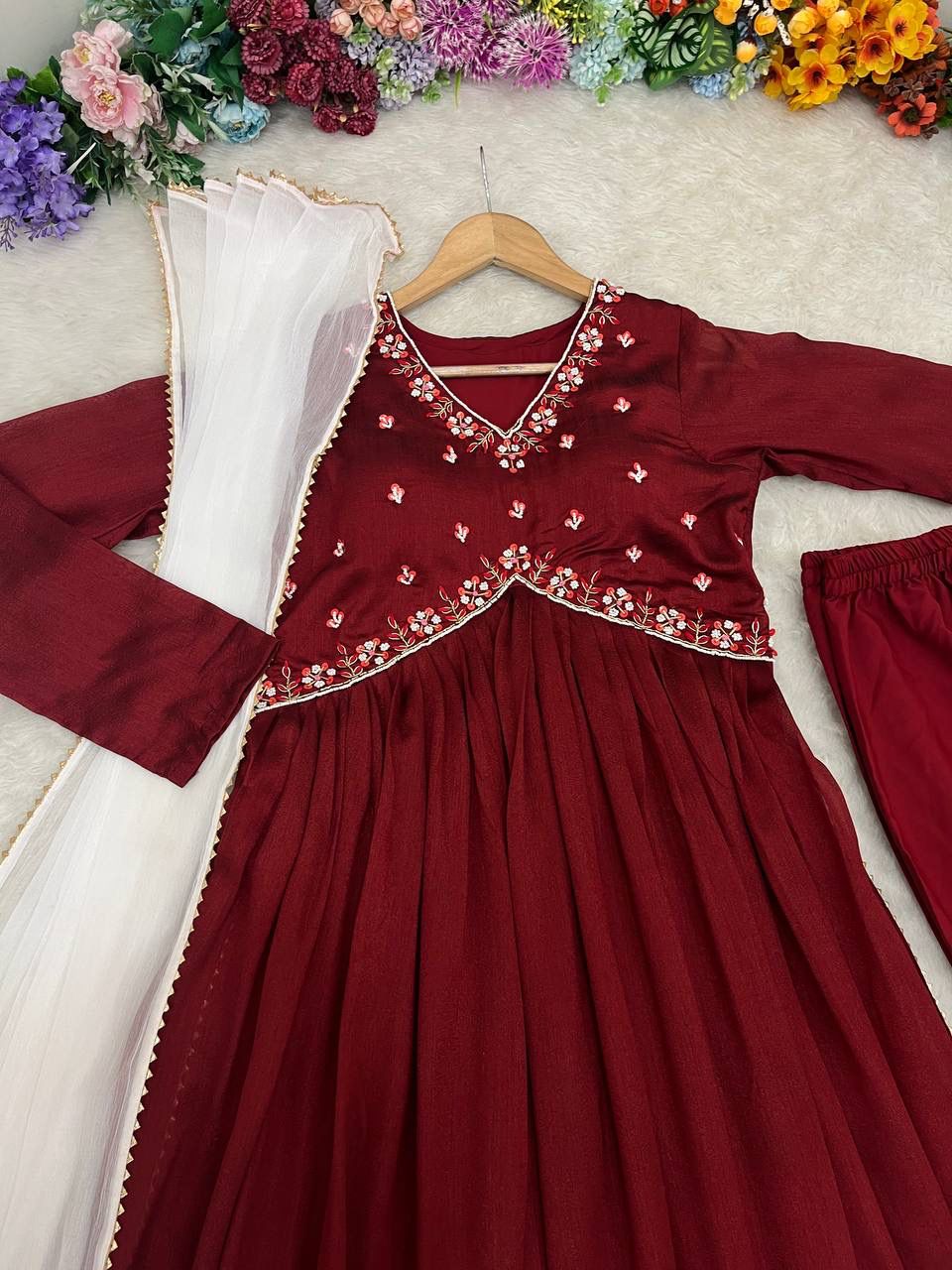Luminous Vichitra Silk Maroon Handworked Anarkali Pant Suit - INDIAN ELEGANCE