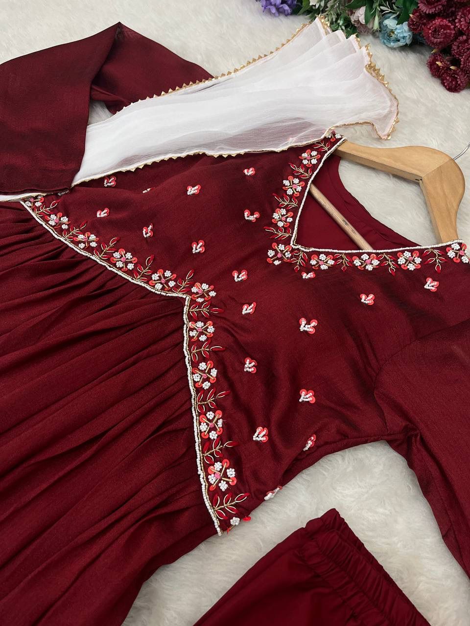 Luminous Vichitra Silk Maroon Handworked Anarkali Pant Suit - INDIAN ELEGANCE