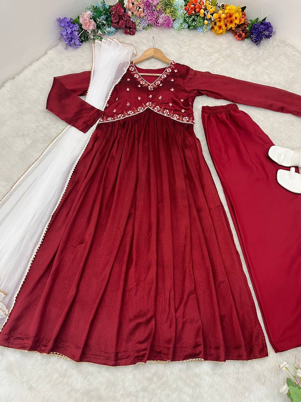 Luminous Vichitra Silk Maroon Handworked Anarkali Pant Suit - INDIAN ELEGANCE