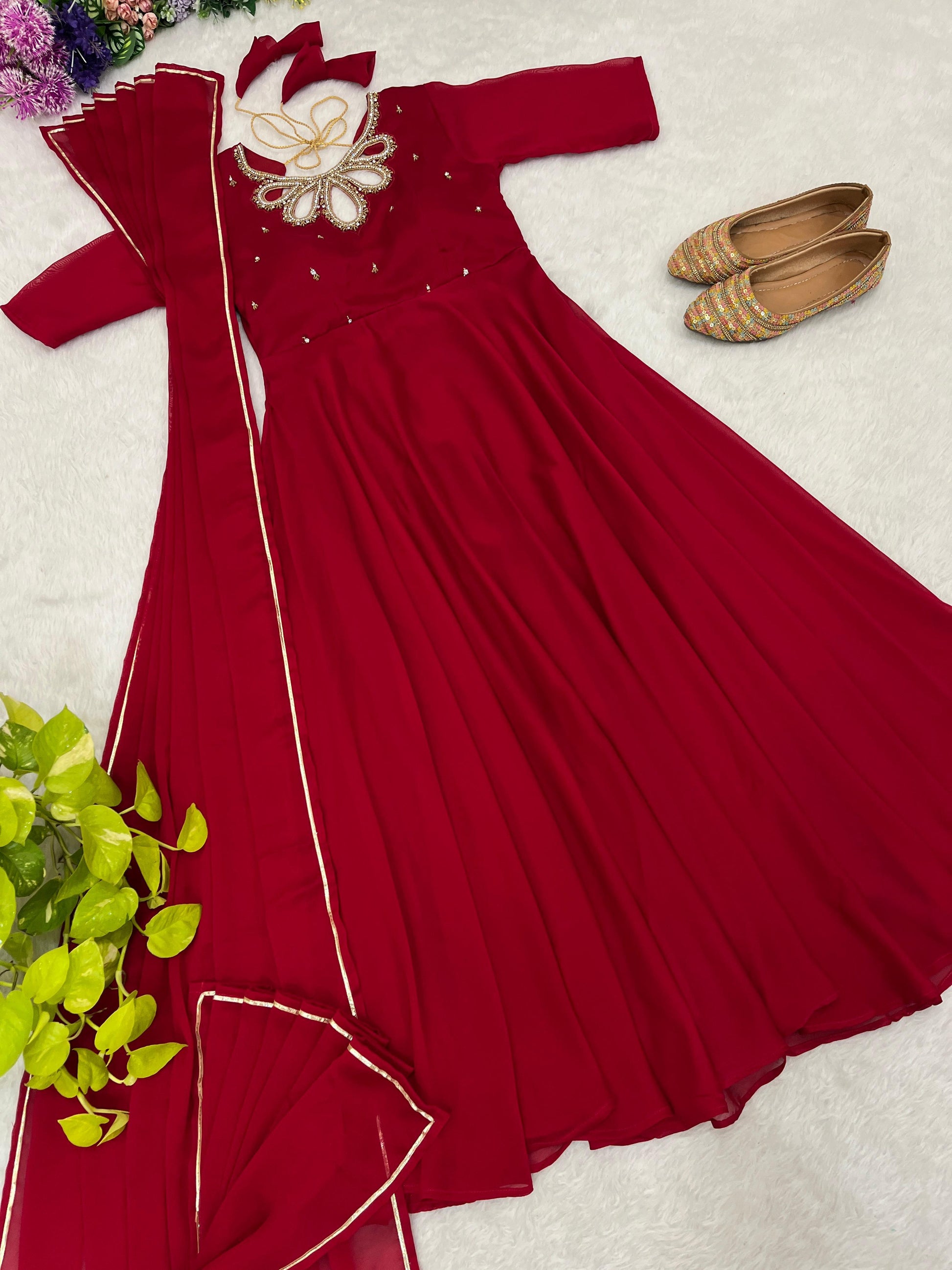 Resplendent Rangoli Georgette Fancy Neck Handworked Gown - INDIAN ELEGANCE