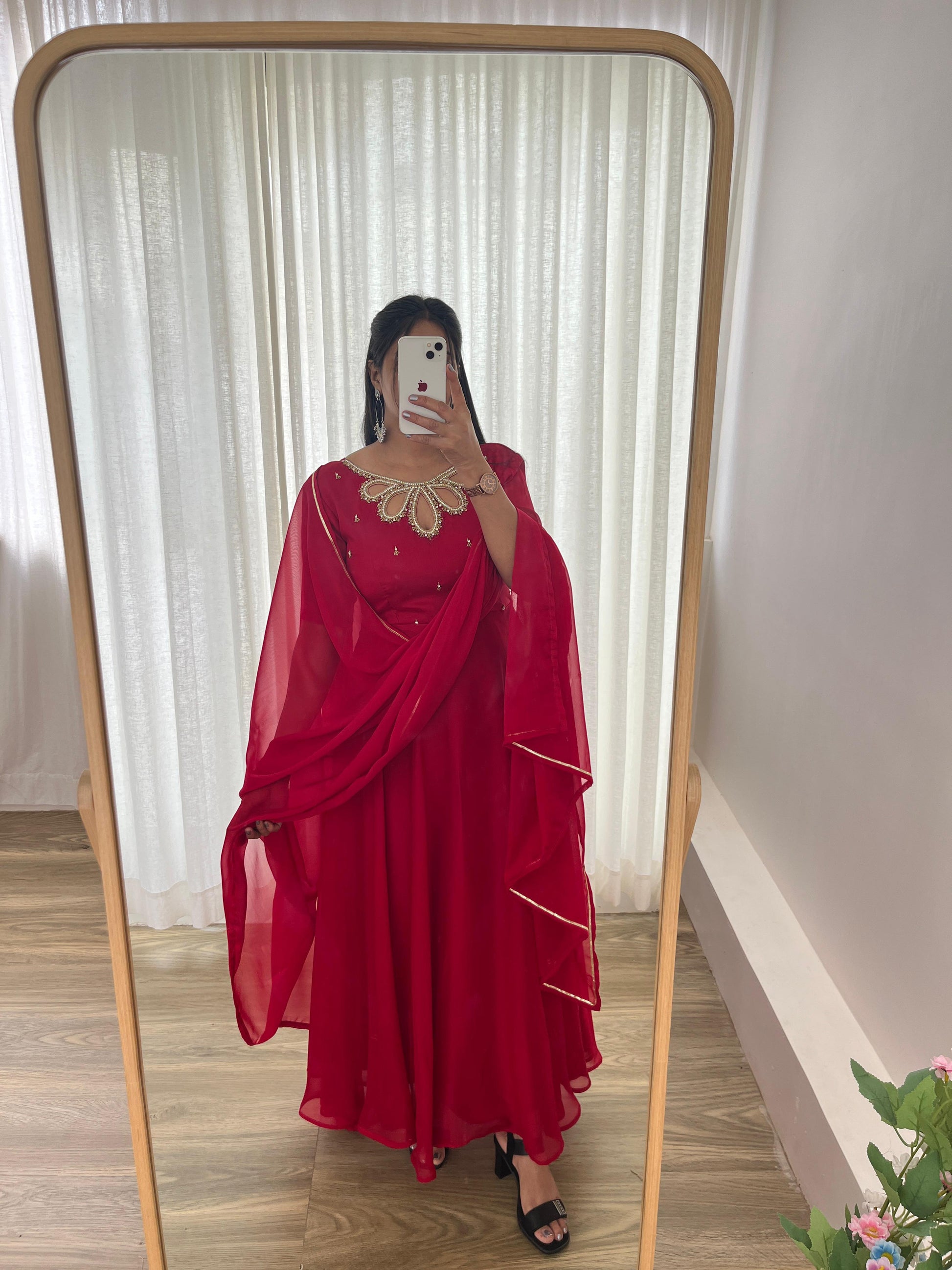 Resplendent Rangoli Georgette Fancy Neck Handworked Gown - INDIAN ELEGANCE