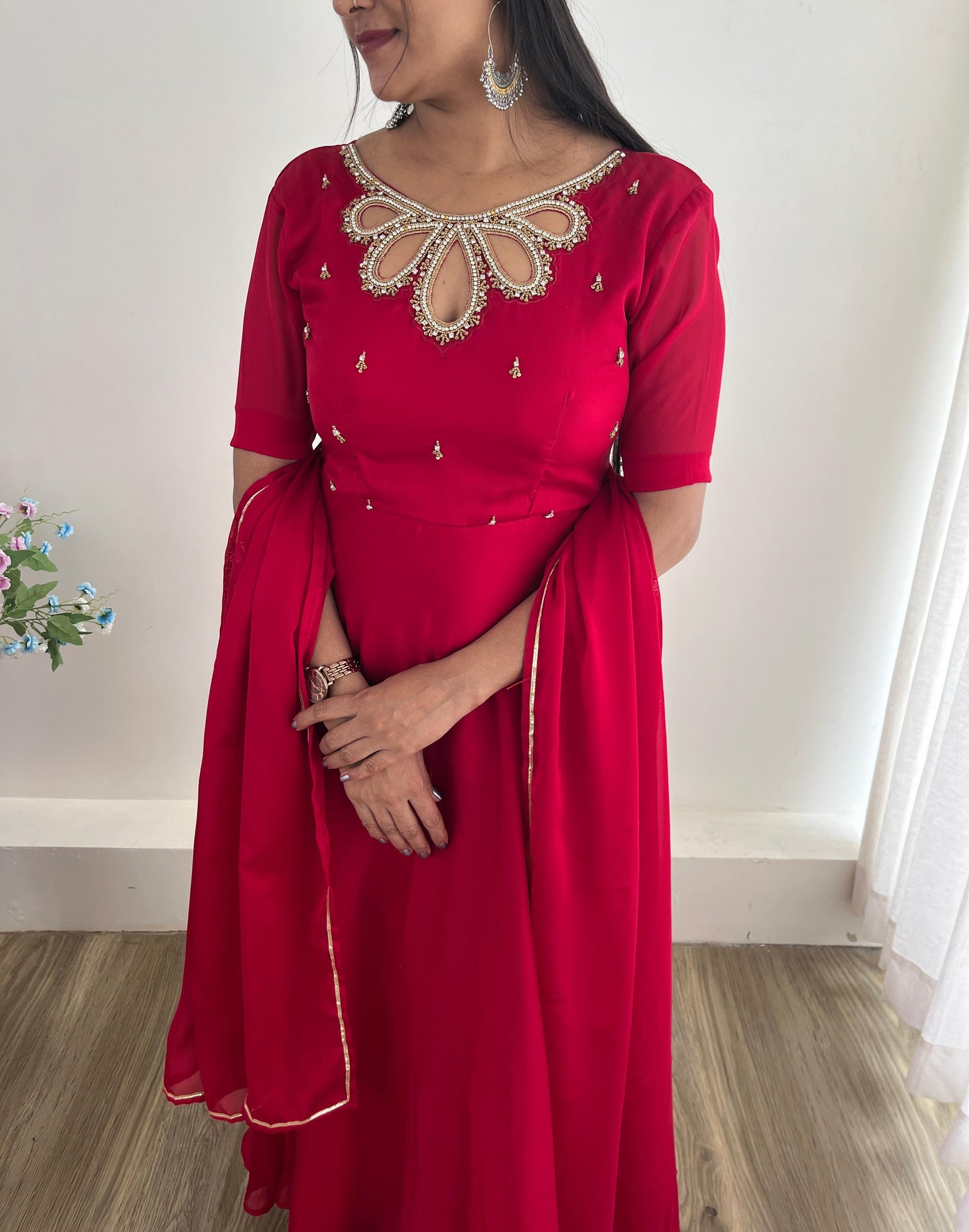 Resplendent Rangoli Georgette Fancy Neck Handworked Gown - INDIAN ELEGANCE