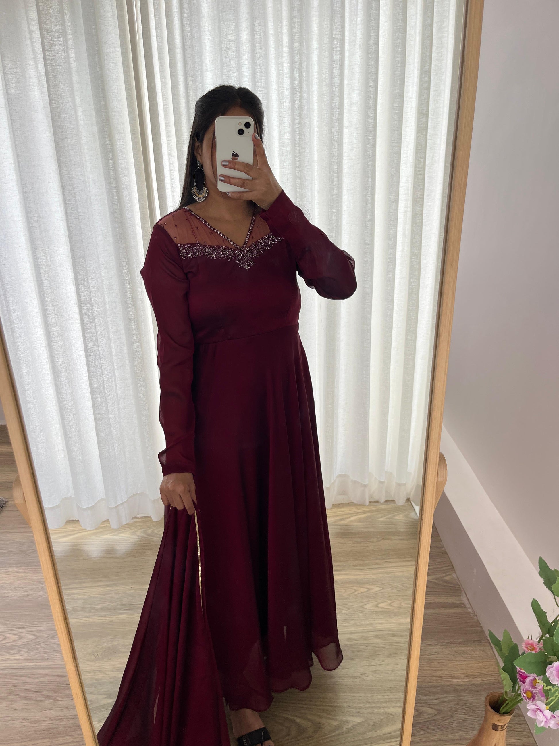 Stylish Maroon Red Rangoli Georgette Handworked Gown With Dupatta - INDIAN ELEGANCE