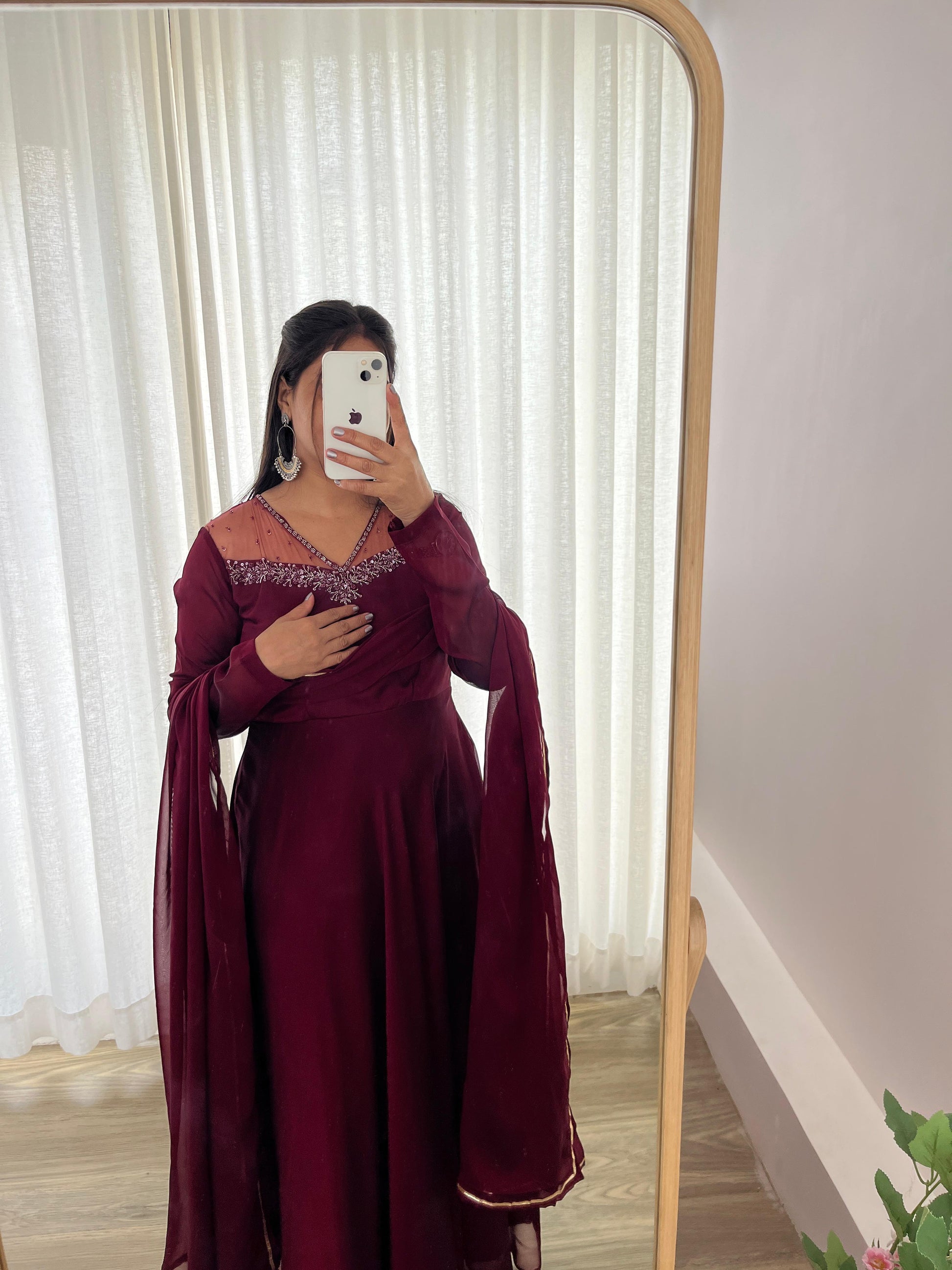 Stylish Maroon Red Rangoli Georgette Handworked Gown With Dupatta - INDIAN ELEGANCE