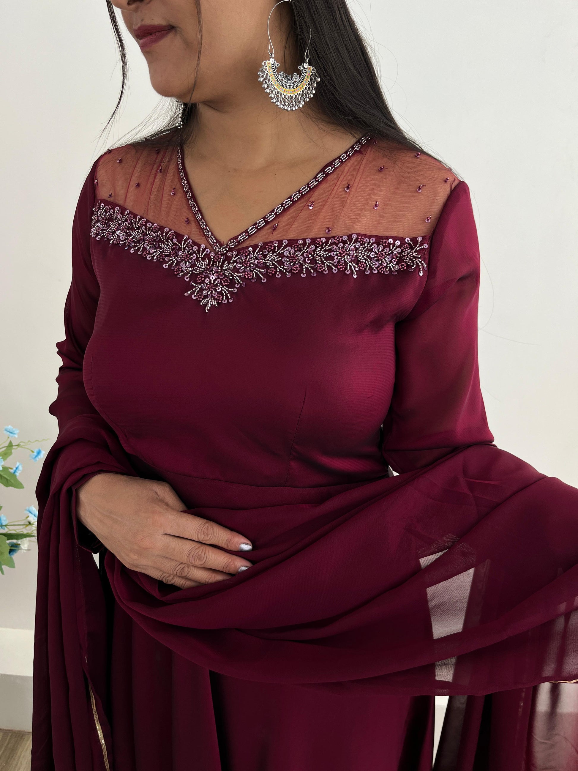 Stylish Maroon Red Rangoli Georgette Handworked Gown With Dupatta - INDIAN ELEGANCE