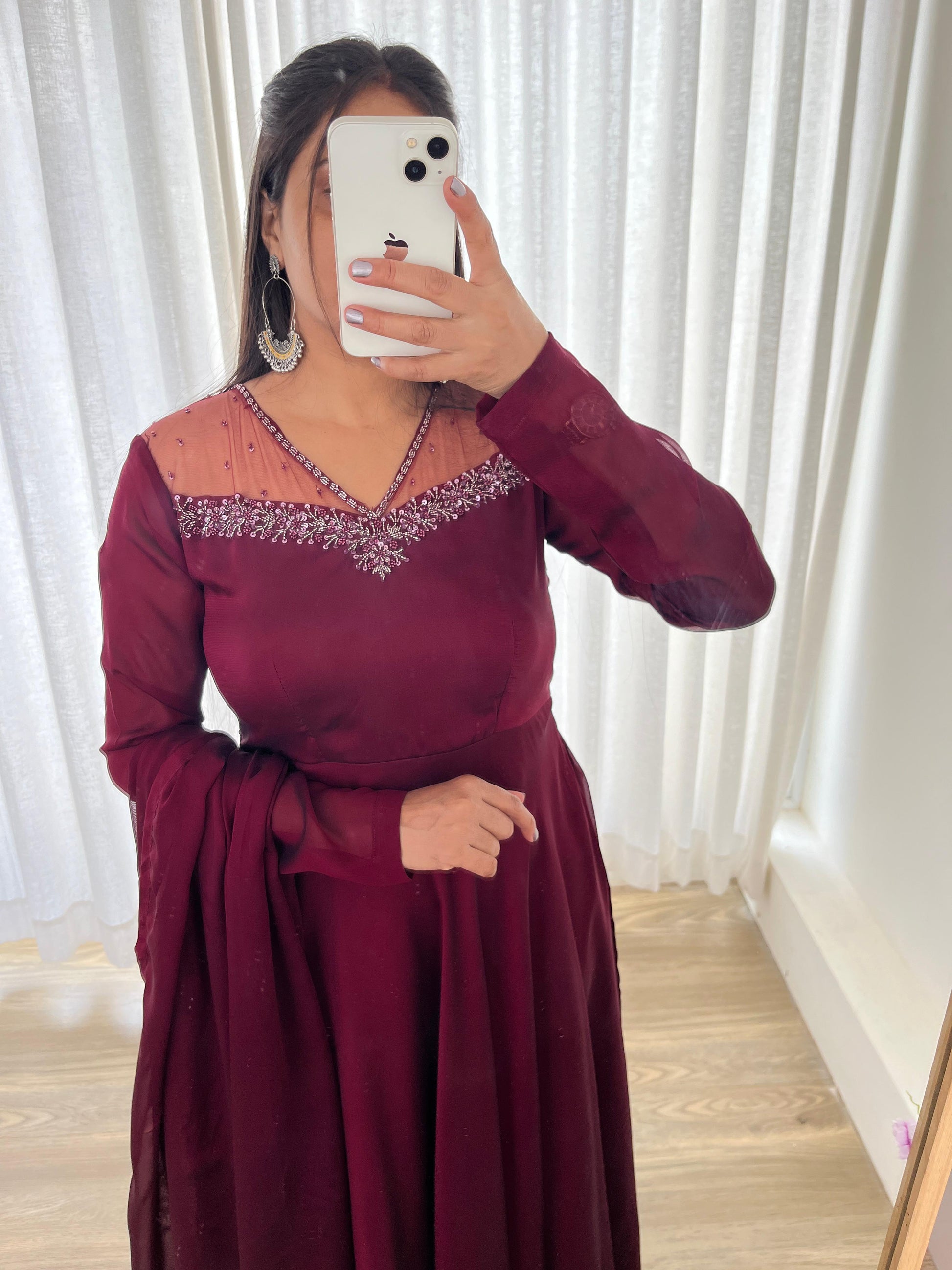 Stylish Maroon Red Rangoli Georgette Handworked Gown With Dupatta - INDIAN ELEGANCE
