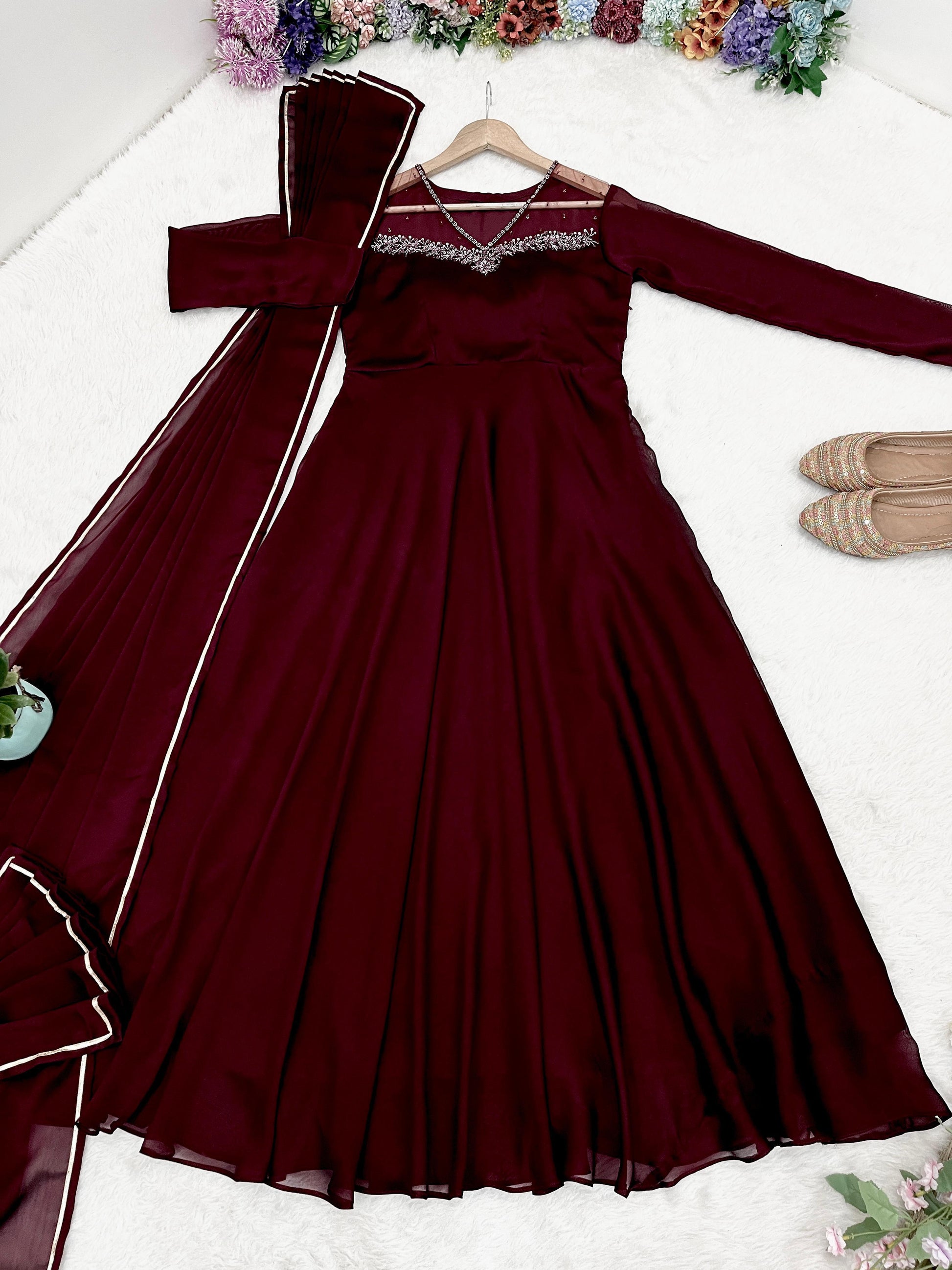 Stylish Maroon Red Rangoli Georgette Handworked Gown With Dupatta - INDIAN ELEGANCE