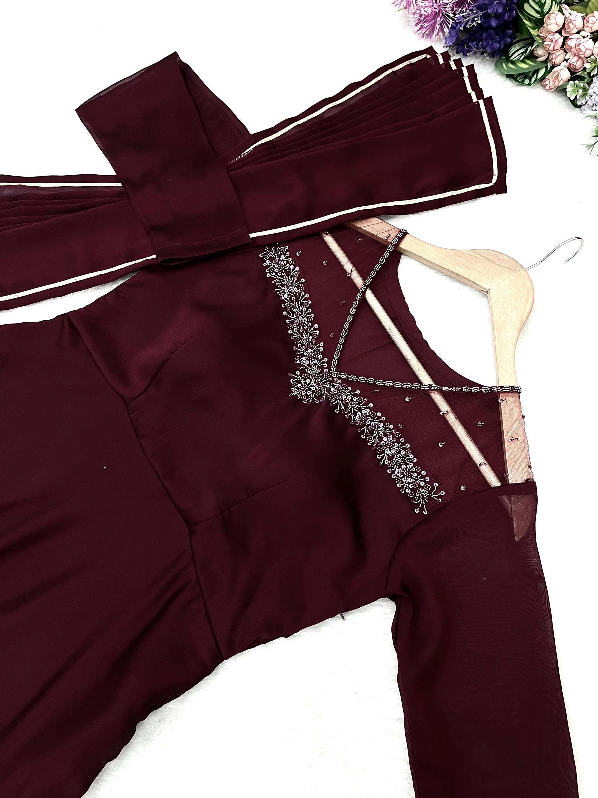 Stylish Maroon Red Rangoli Georgette Handworked Gown With Dupatta - INDIAN ELEGANCE