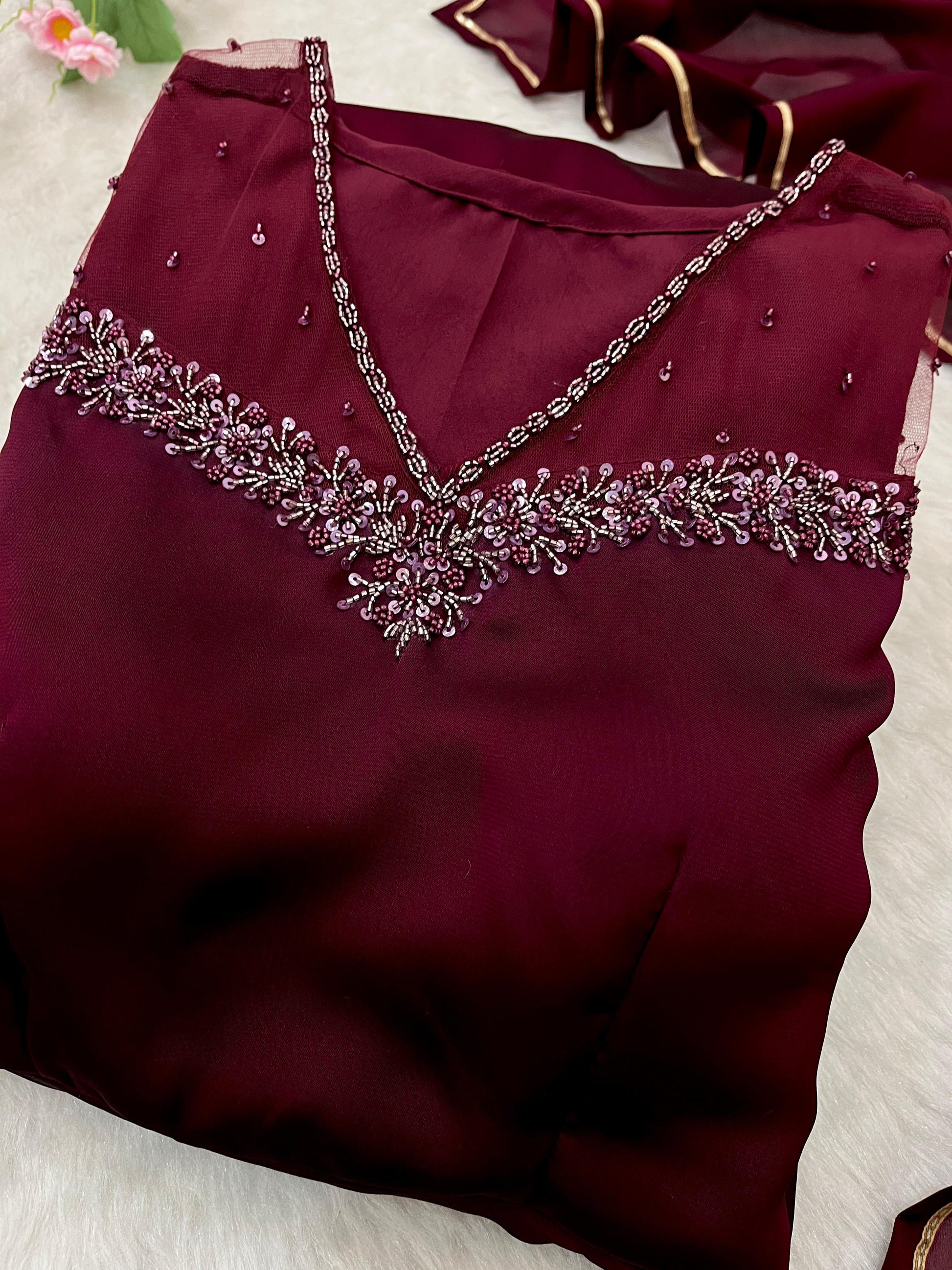 Stylish Maroon Red Rangoli Georgette Handworked Gown With Dupatta - INDIAN ELEGANCE