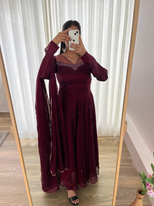 Stylish Maroon Red Rangoli Georgette Handworked Gown With Dupatta - INDIAN ELEGANCE