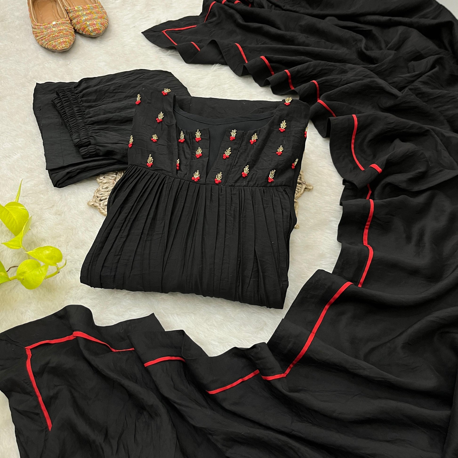 Winsome Black Viscose Chanderi Handworkd Anarkali Pant Suit - INDIAN ELEGANCE