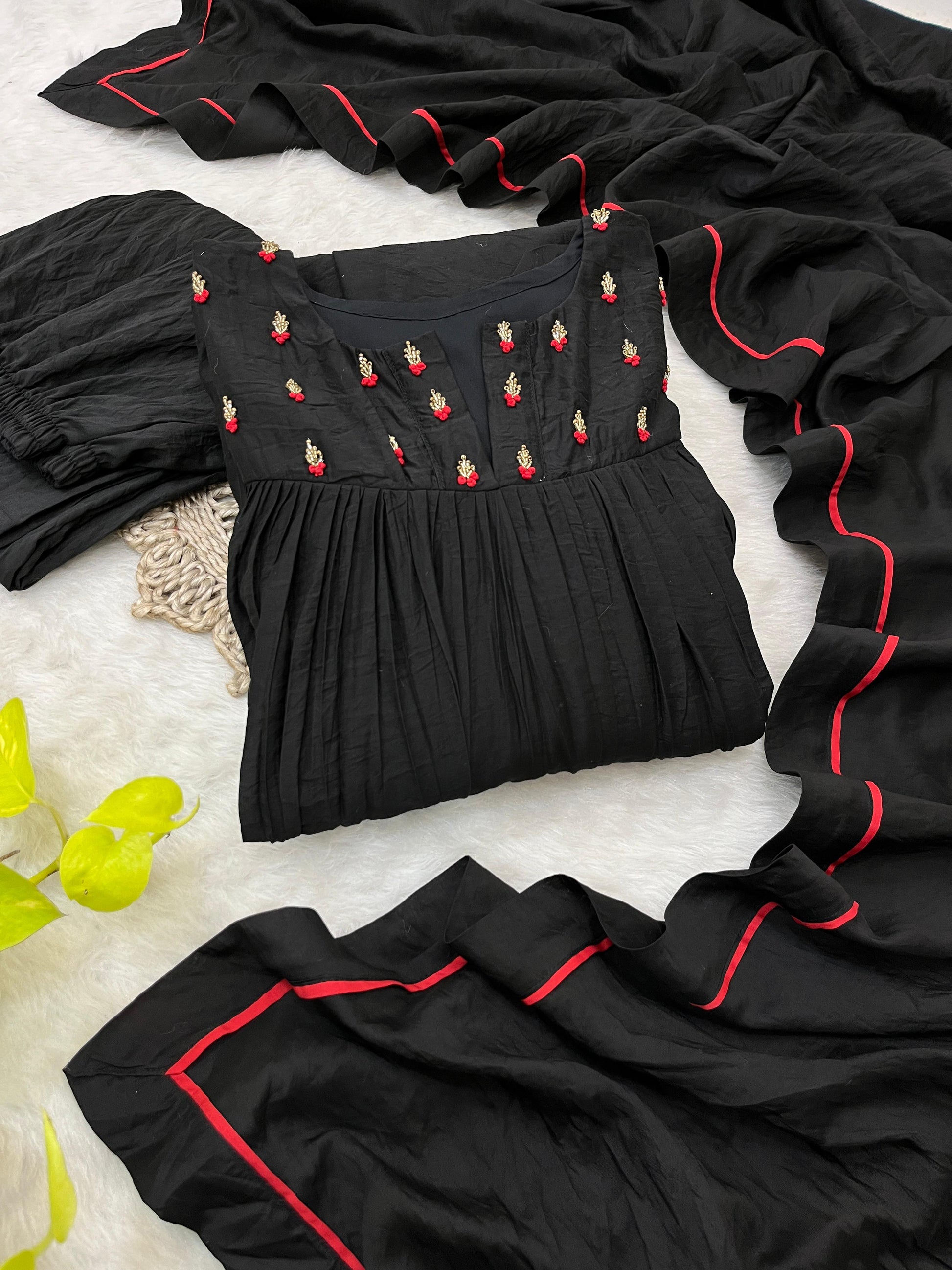 Winsome Black Viscose Chanderi Handworkd Anarkali Pant Suit - INDIAN ELEGANCE