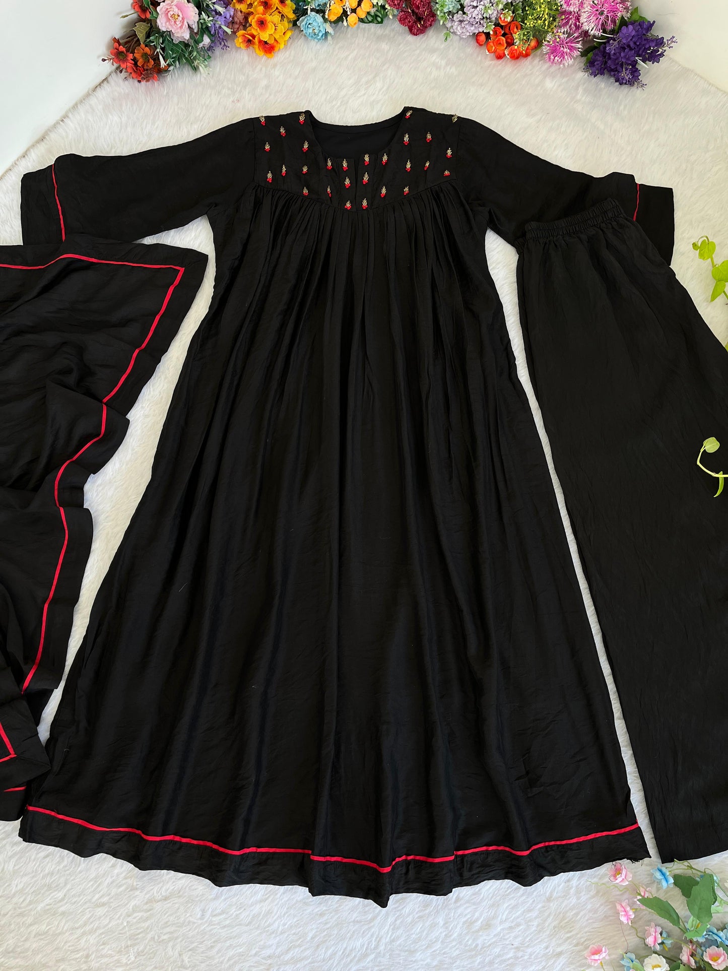 Winsome Black Viscose Chanderi Handworkd Anarkali Pant Suit - INDIAN ELEGANCE