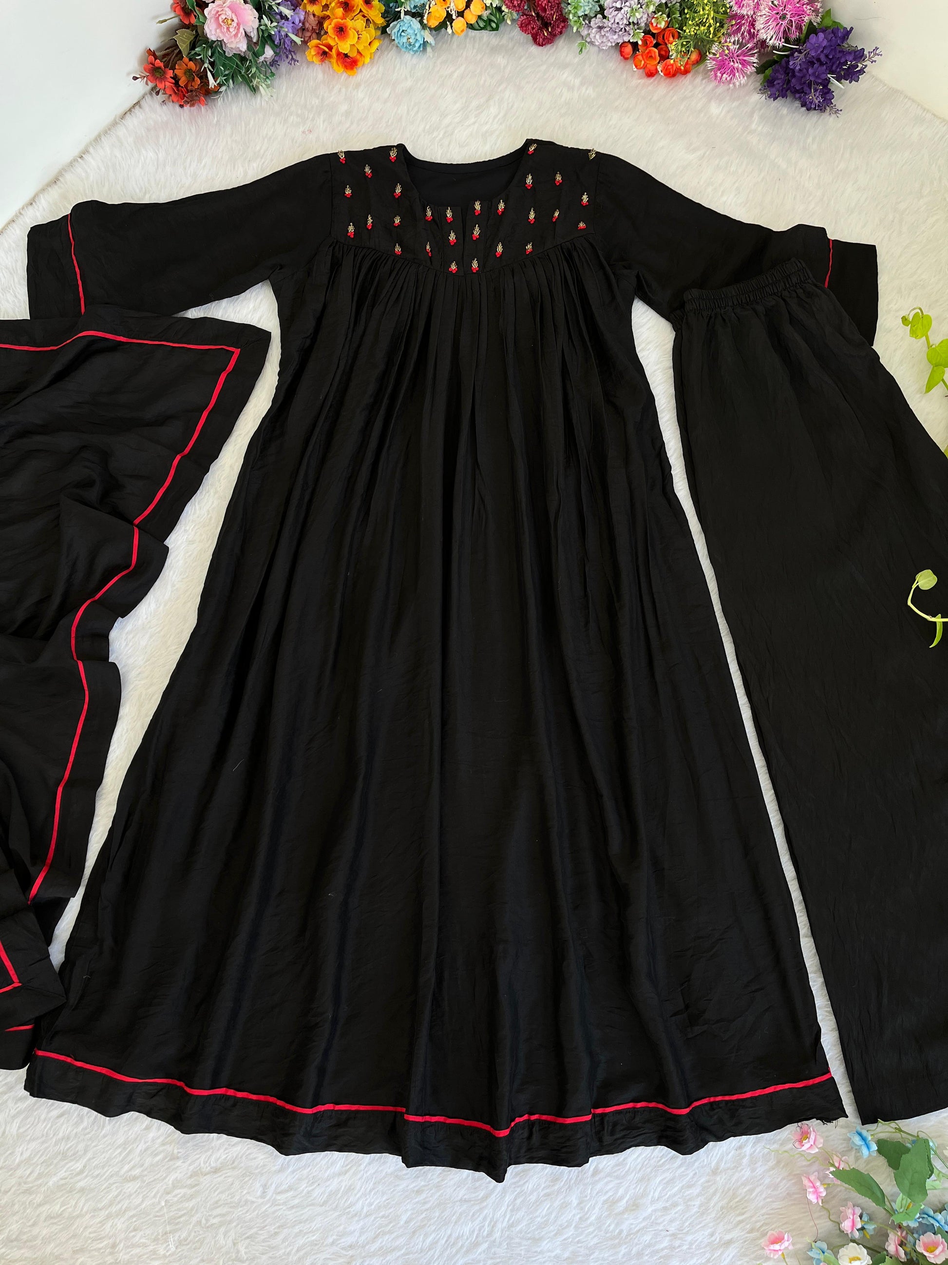 Winsome Black Viscose Chanderi Handworkd Anarkali Pant Suit - INDIAN ELEGANCE